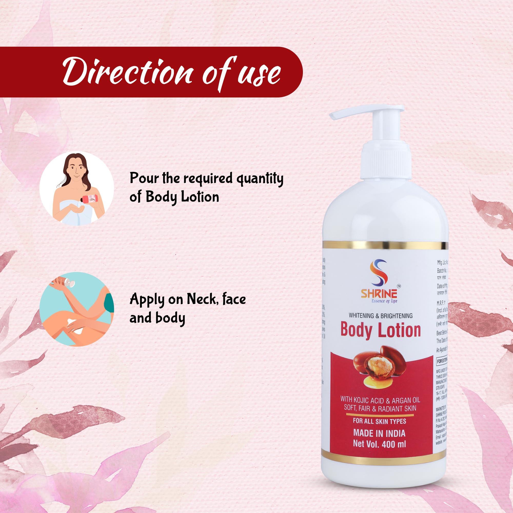 Shrine Kojic Acid & Argan Oil Body Lotion 400ml - Skin Whitening & Brightening Moisturizer for Dry Skin | Non-Greasy, Glowing Hydration | Perfect for Daily Use & Nighttime Skincare Routine