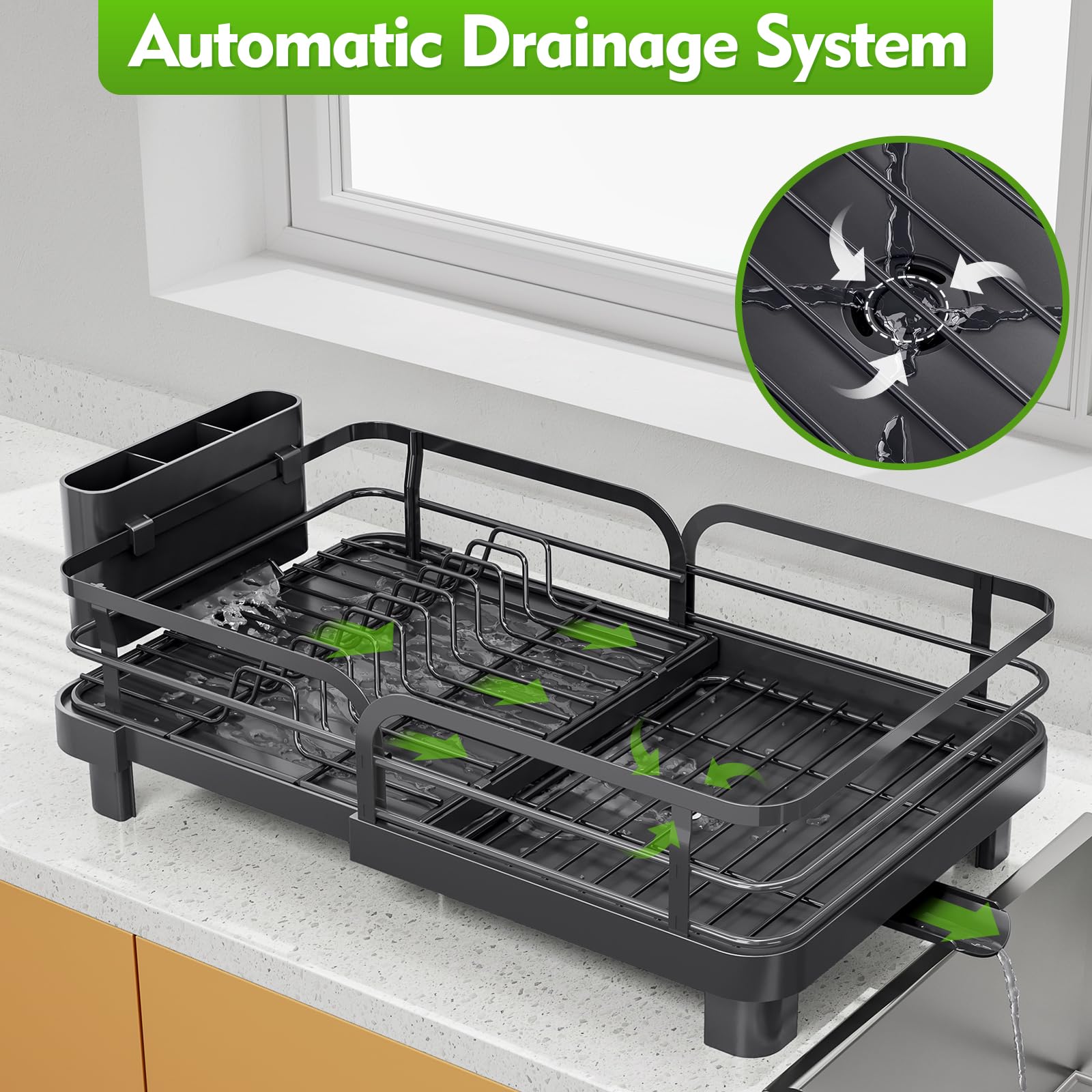 TOOLF Expandable Stainless Steel Dish Rack - Foldable Countertop Dish Drying Rack with Cutlery Holder | Space Saving Kitchen Organizer | Perfect for Small Apartments, Dorms & RV Kitchens