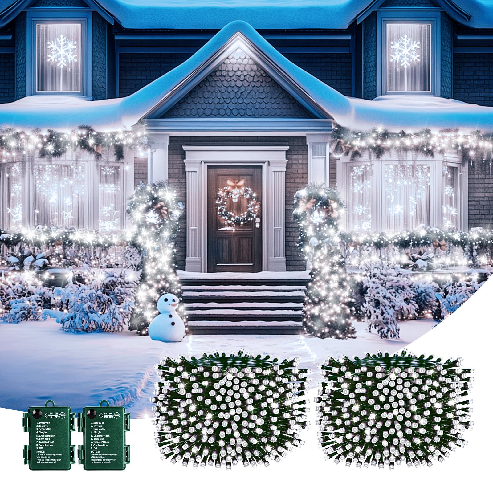 Brightown 100 LED Battery Operated Christmas Lights - 2 Pack 33FT Waterproof Fairy String Lights with Timer & 8 Modes - Pure White Outdoor/Indoor Decor for Holidays, Bedroom, Garden, and Party Lighting