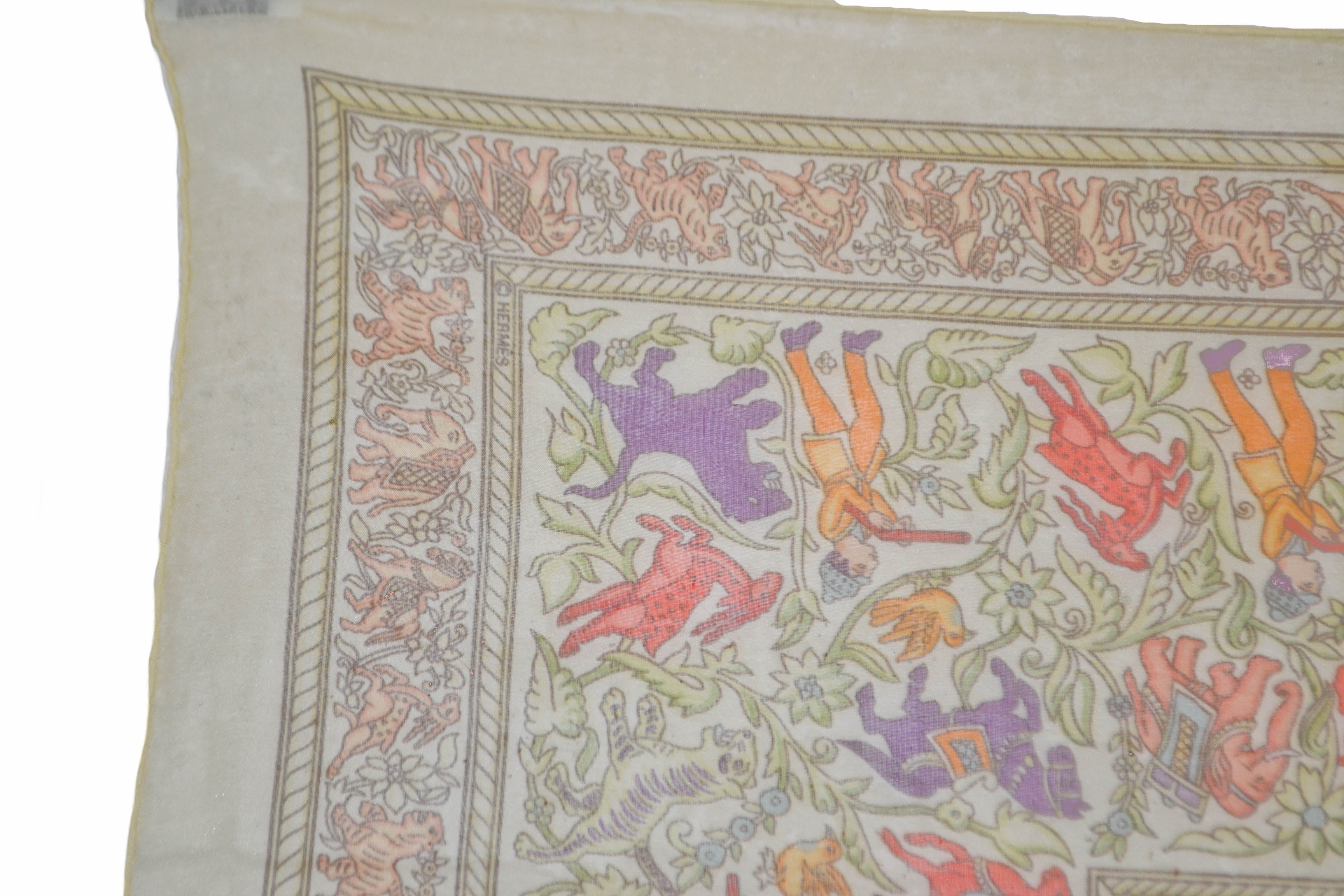 Authentic Hermes Beige Horse Chasse En Inde 100% Mousseline Silk Scarf 36