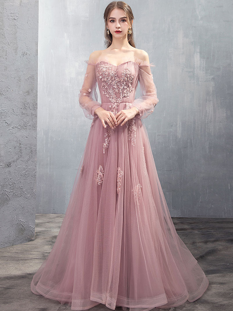 Elegant Pink A-Line Tulle Lace Long Prom Dress for Women - Formal Evening Gown for Homecoming, Wedding, and Special Occasions