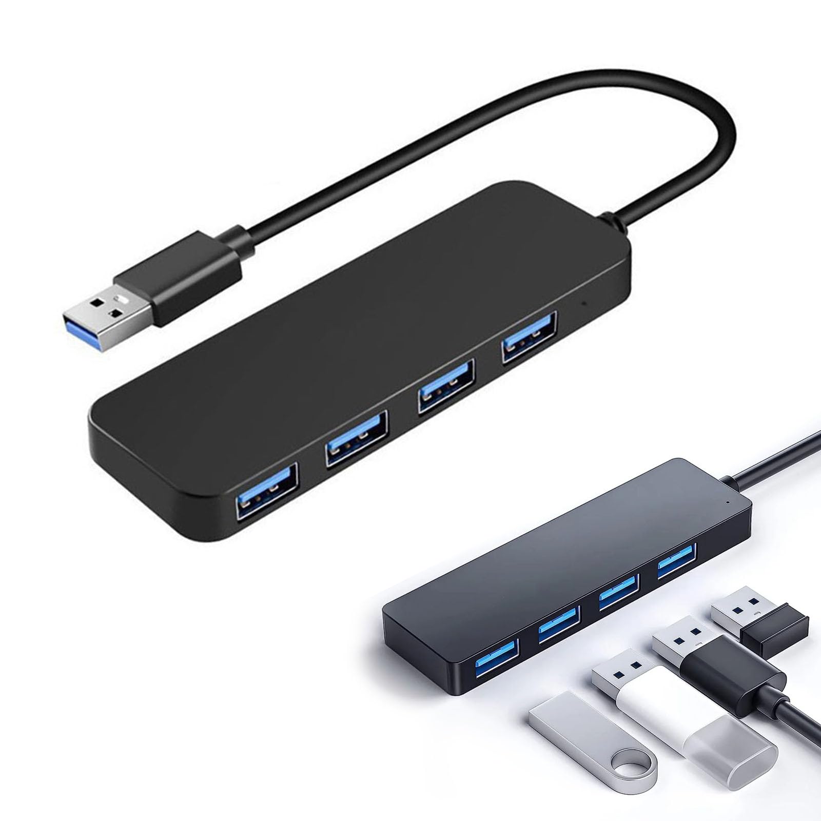 4-Port USB 3.0 Hub with USB-C Adapter - Ultra Slim Multi-Port USB Splitter for Laptop, PC, MacBook - High Speed 5Gbps Data Transfer for Office, Home & Travel Use