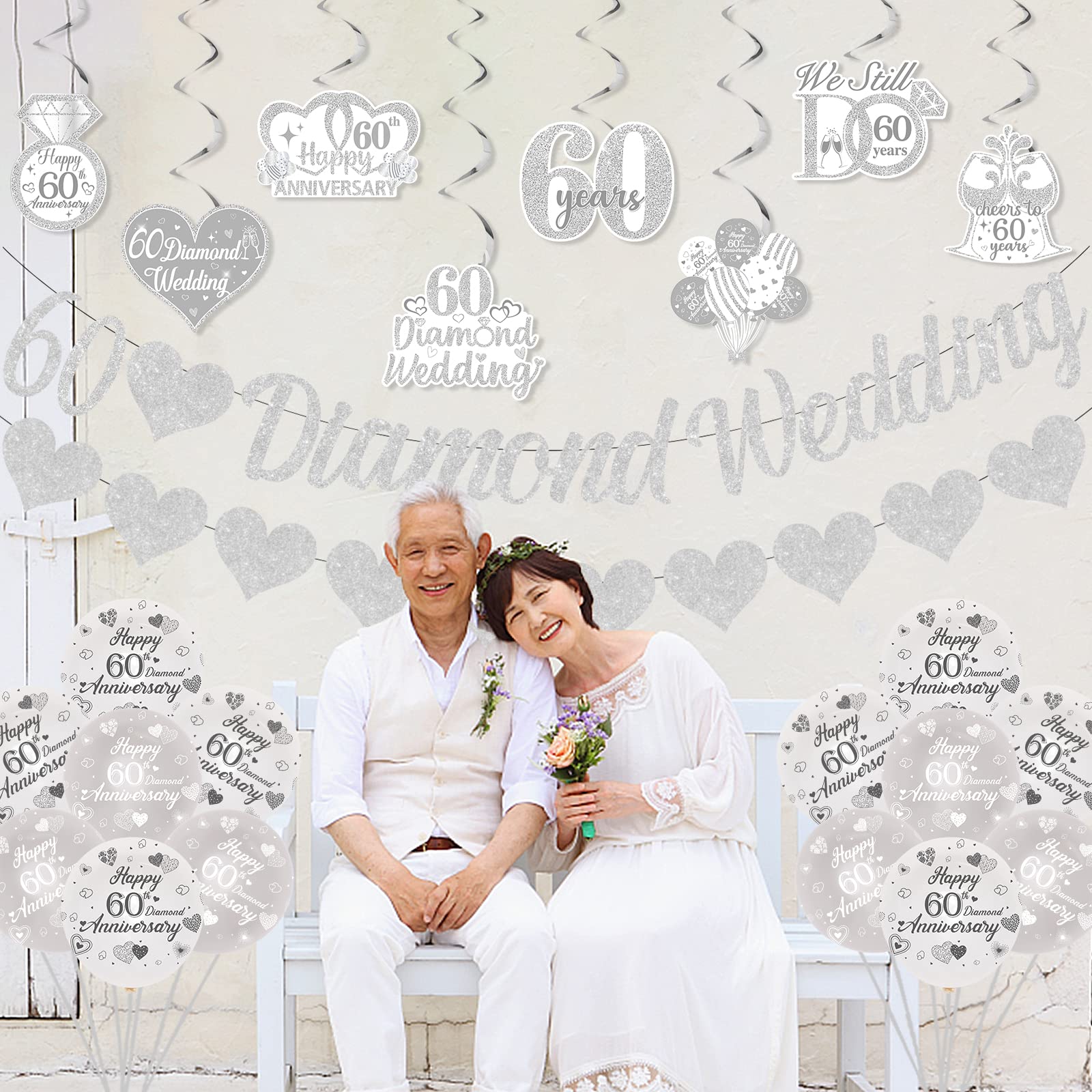 Diamond Wedding Anniversary Decorations Set - Glitter Banner, Cake Topper, Hanging Swirls & Silver Heart Foil Balloons for 60th Anniversary Party Supplies | Perfect for Milestone Celebrations, Festive Decor & Romantic Events