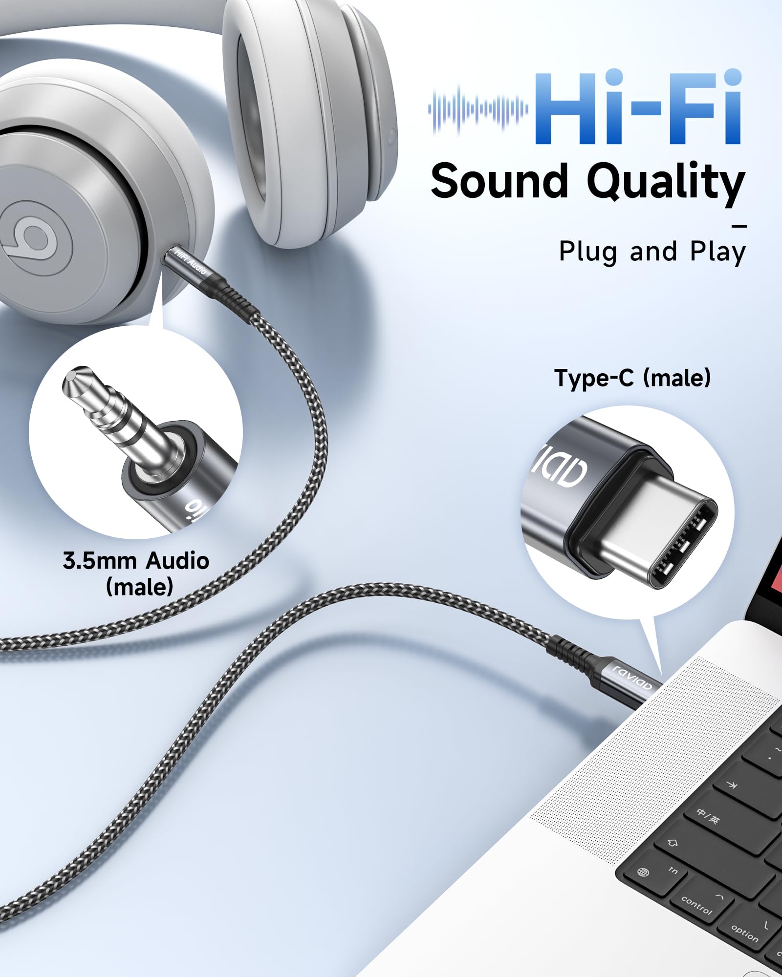 RAVIAD USB C to 3.5mm Audio Aux Cable - 3.3FT/1M Adapter for iPhone 15 Pro Max, Samsung Galaxy S24/S23/S22 Ultra, iPad Pro/Air, Google Pixel 8/7 - High Quality Headphone Jack Converter for Music, Gaming & Car Audio