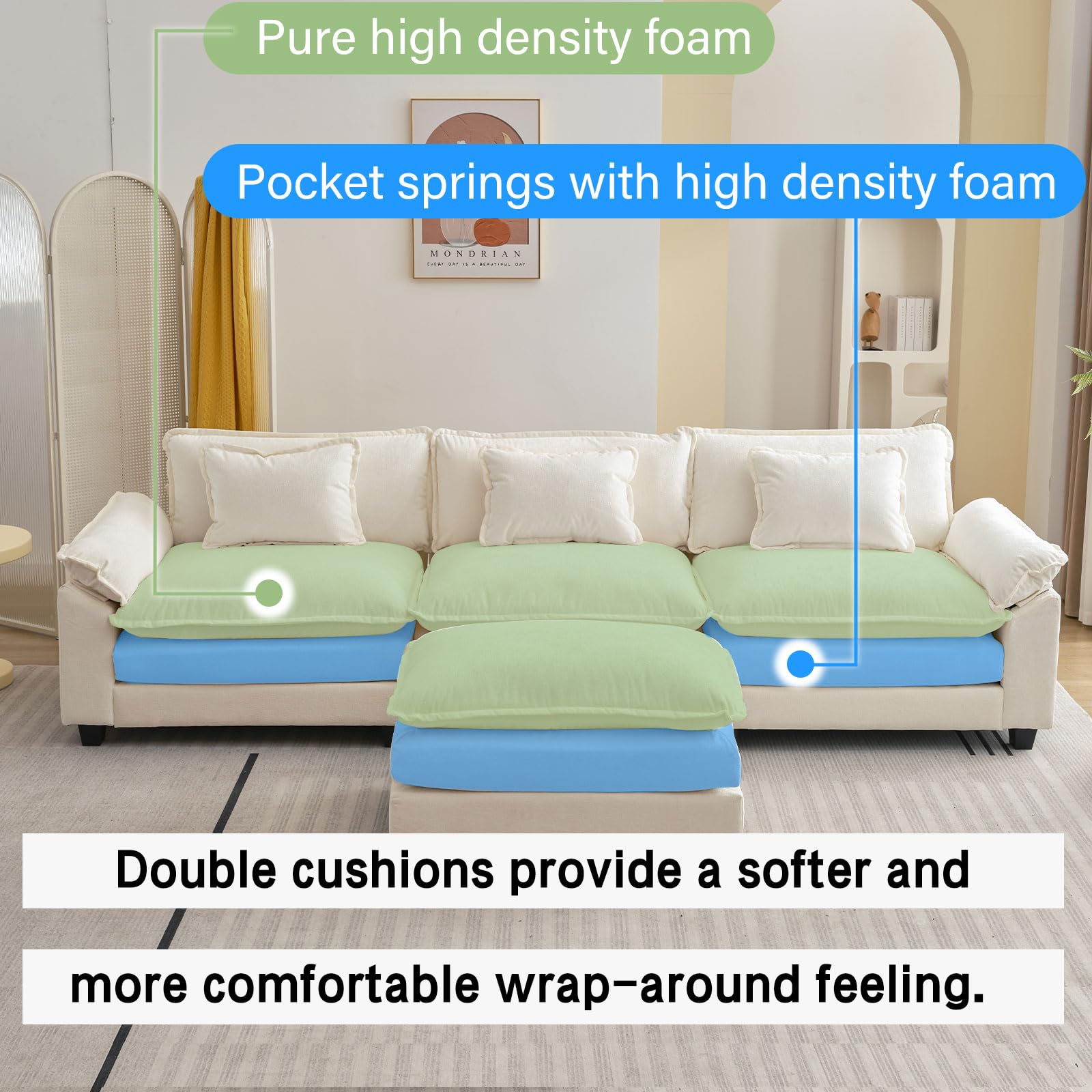 Modern L-Shaped Sectional Sofa with Pillows & Ottoman - Cloud Couch for Living Room, Chenille Fabric Sleeper Sofa (Cream White, 4-Seat) - Perfect for Family Gatherings, Movie Nights & Small Space Apartments