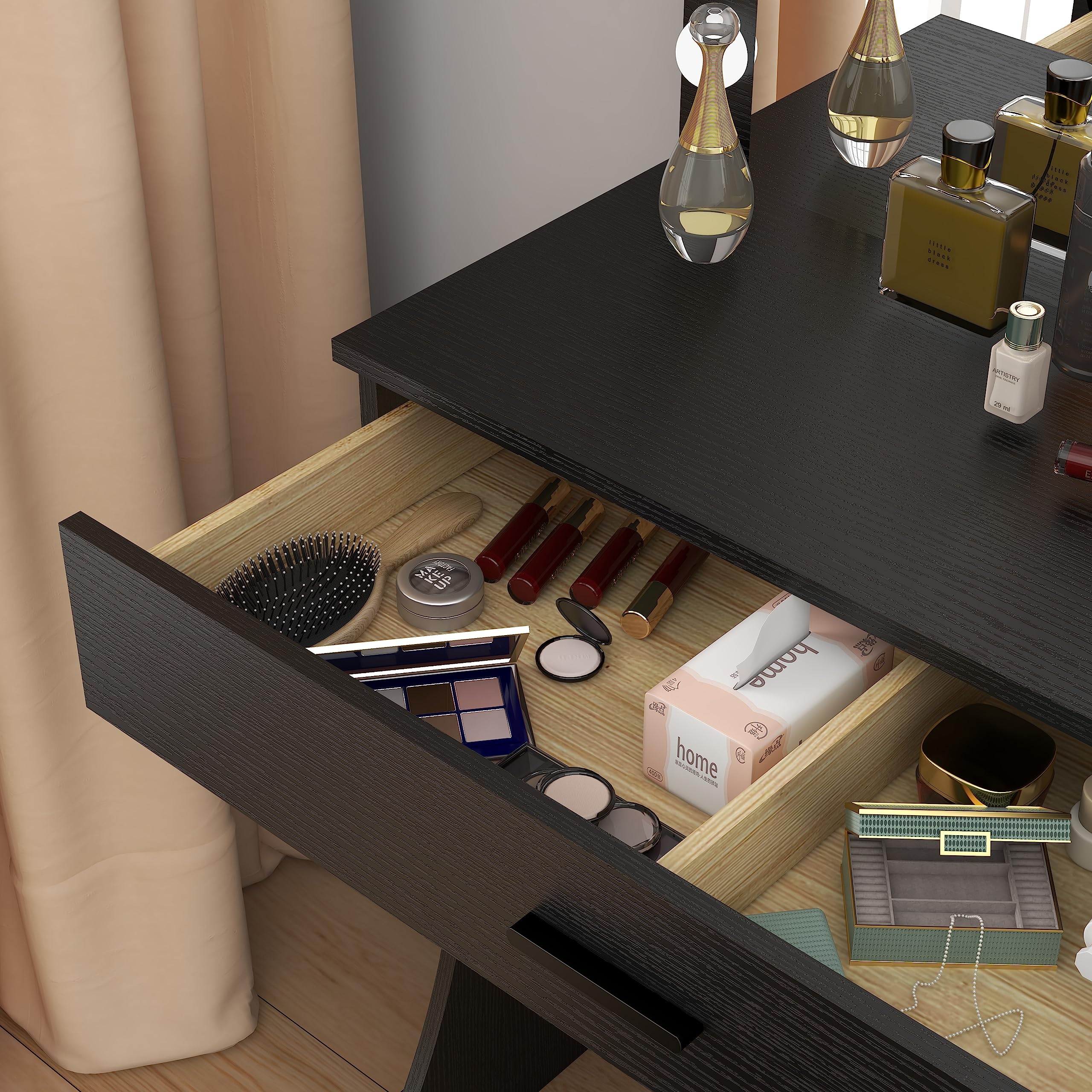 Vanity Desk with Mirror and Lights - Adjustable LED Makeup Vanity Table with Stool, 1 Drawer Storage, Modern Dressing Table for Bedroom (Black) | Perfect for Makeup Application, Skincare Routine & Home Decor