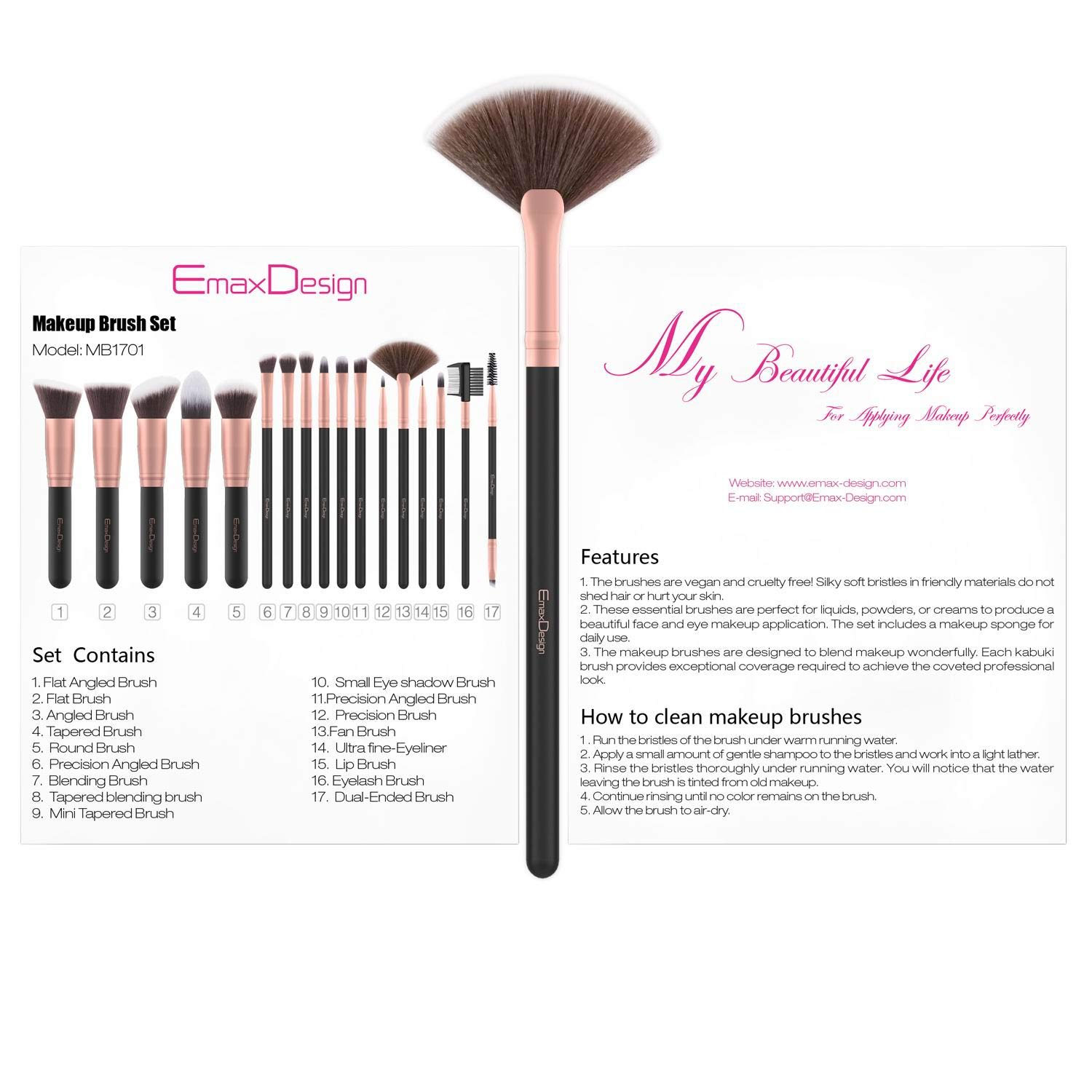 EmaxDesign 17-Piece Synthetic Bristle Makeup Brush Set - Rose Gold Handle for Professional & Everyday Makeup Application - Perfect for Foundation, Blending, Contouring & Eyeshadow