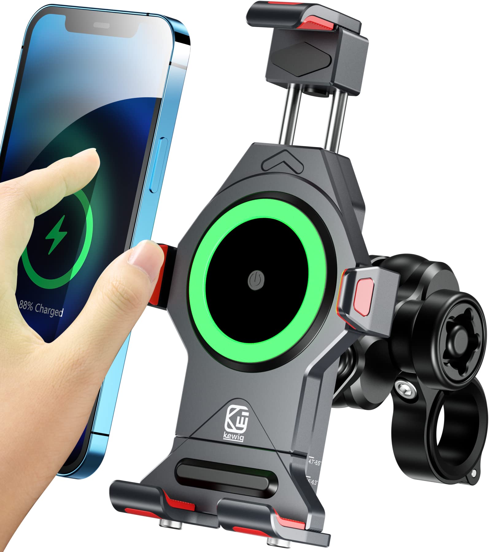 BRCOVAN Motorcycle Phone Mount with Qi 15W Wireless Charging - Aluminum Alloy Handlebar Holder, Vibration Dampener & Anti-Theft Lock for iPhone & Android (4.7