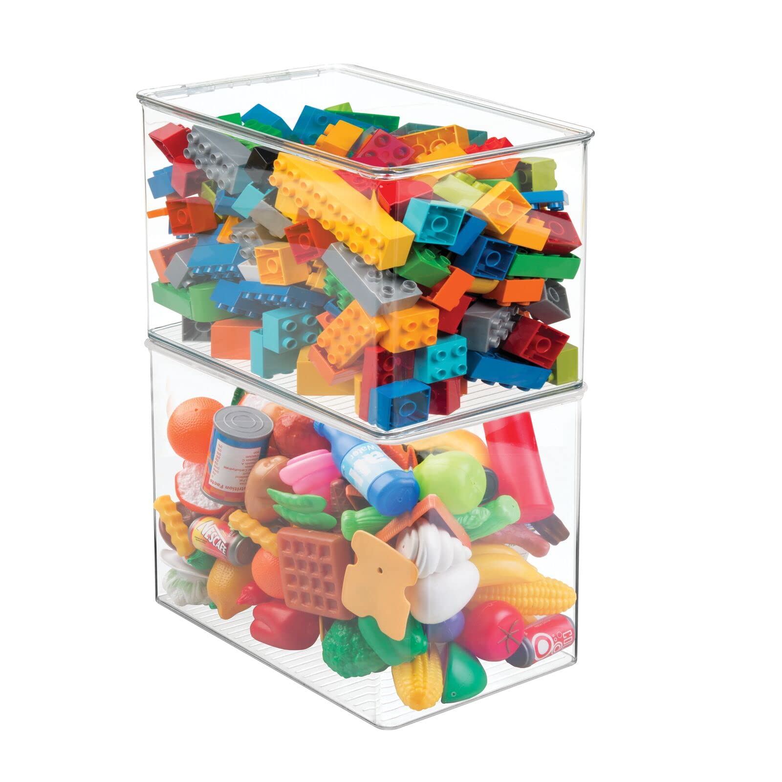 mDesign Clear Plastic Stackable Toy Storage Organizer Bin with Hinge Lid - 2 Pack for Kids' Playroom & Living Room - Perfect for Organizing Toys, Puzzles, Markers, Blocks & Board Games - Ideal for Home Organization & Montessori Play Spaces