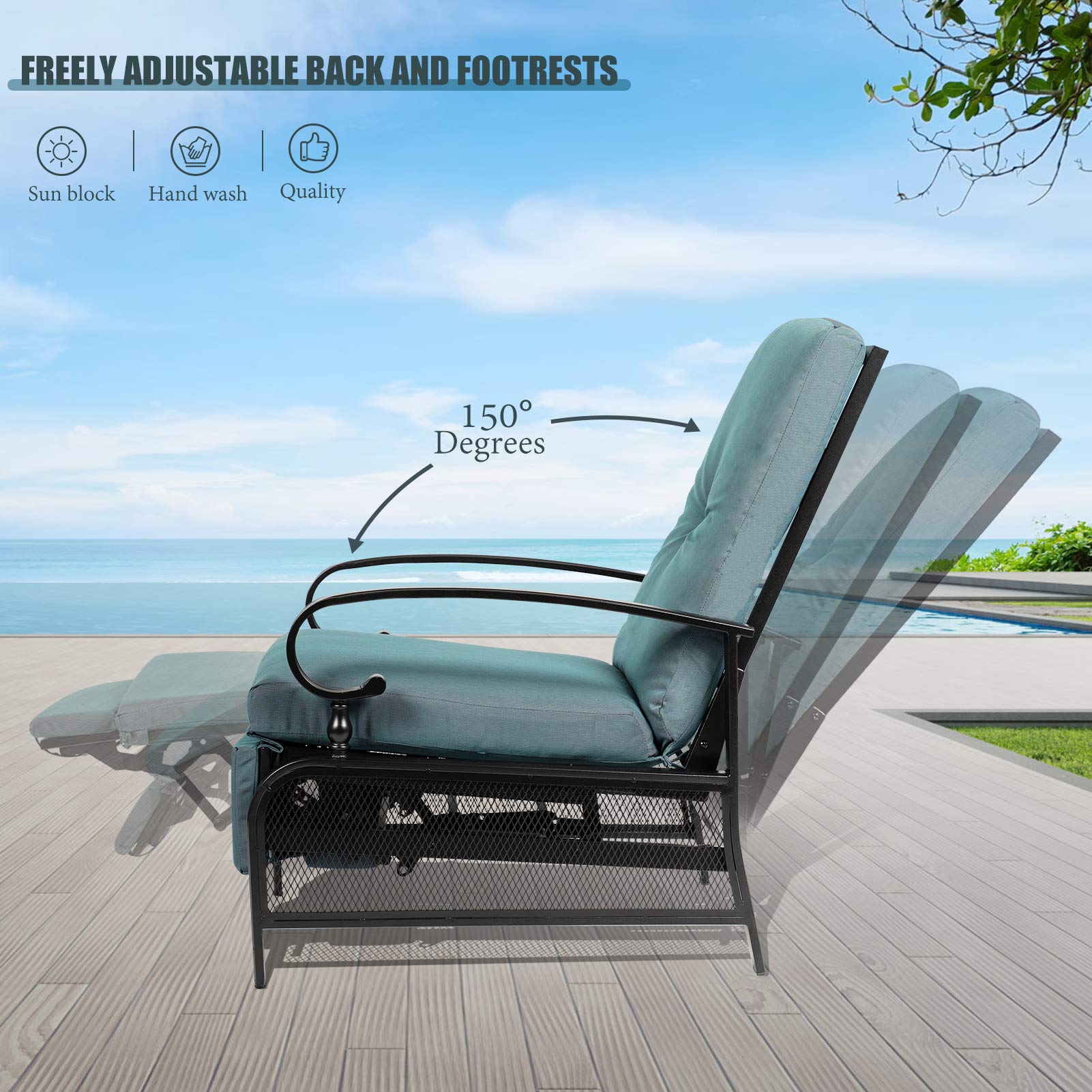 Oakcloud Adjustable Outdoor Lounge Chair - Patio Recliner with Removable Cushions (Peacock Blue) - Perfect for Poolside, Backyard Relaxation & Sunbathing
