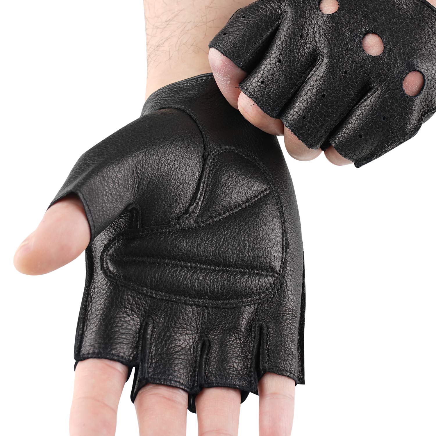 GSG Men's Fingerless Leather Gloves for Driving, Cycling & Motorcycle - Breathable Half Finger Unlined Gloves for Comfort & Grip - Perfect for Commuting, Sports & Outdoor Activities