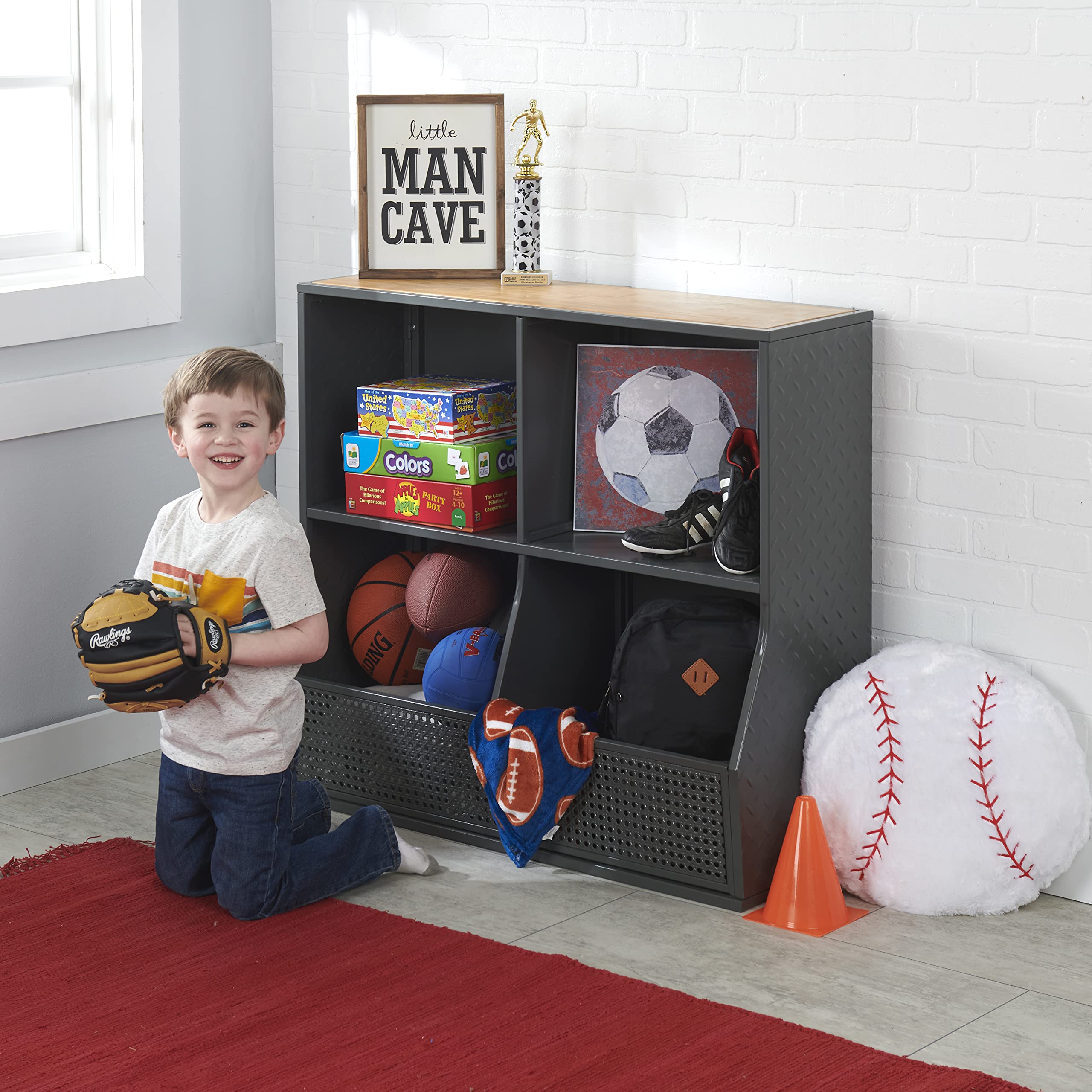 Badger Basket 6-Bin Metal & Bamboo Toy Storage Organizer - Charcoal/Natural - Perfect for Kids' Room, Playroom & Nursery Organization
