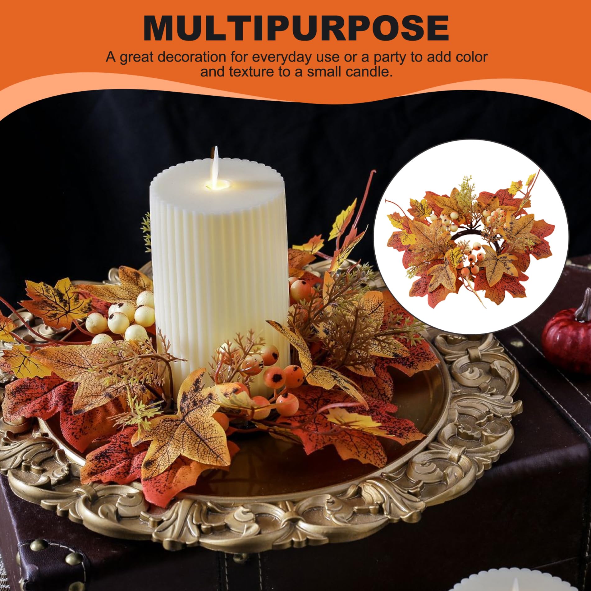 2Pcs Fall Candle Rings 9.8 Inch - Autumn Maple Leaf Wreath for Pillar Candles, Thanksgiving Table Centerpiece Decor, Seasonal Home Decor for Thanksgiving, Fall Mantel, and Holiday Dining Table