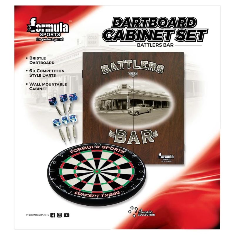 Formula Battlers Dartboard Cabinet Set - Professional Dart Board with Cabinet, Darts & Accessories - Perfect for Home, Bar, Game Room & Office Entertainment