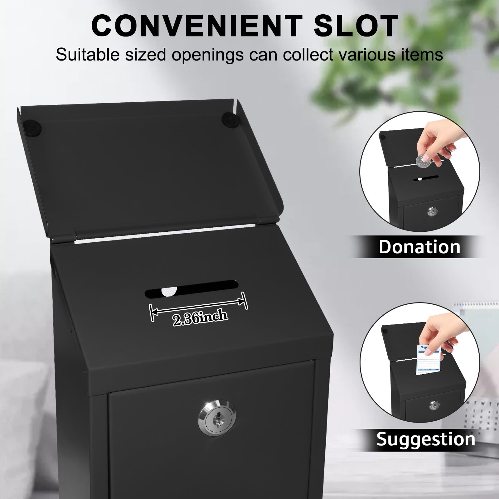 Secure Locking Metal Suggestion Box with Key - 10.2×5.6×2.8 Inch Wall Mount Drop Box for Donations, Ballots & Confidential Mail - Durable Collection Mailbox for Home, Office & Outdoor Use (Black) - Perfect for Community Centers, Voting Stations & Anonymous Feedback Collection