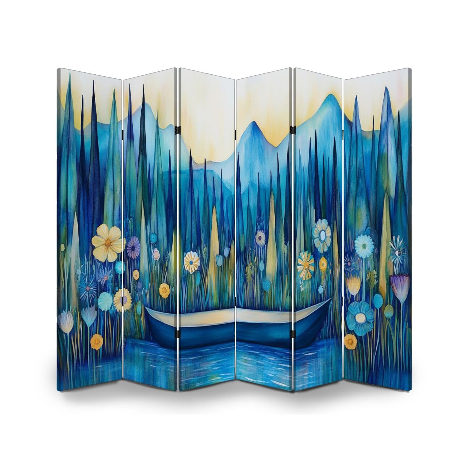 6-Panel Folding Room Divider - Sky Nature Landscape with Boat, Mountains & Flowers - Freestanding Canvas Privacy Screen for Home Office, Bedroom & Living Room - Indoor Partition & Protective Wall Separator