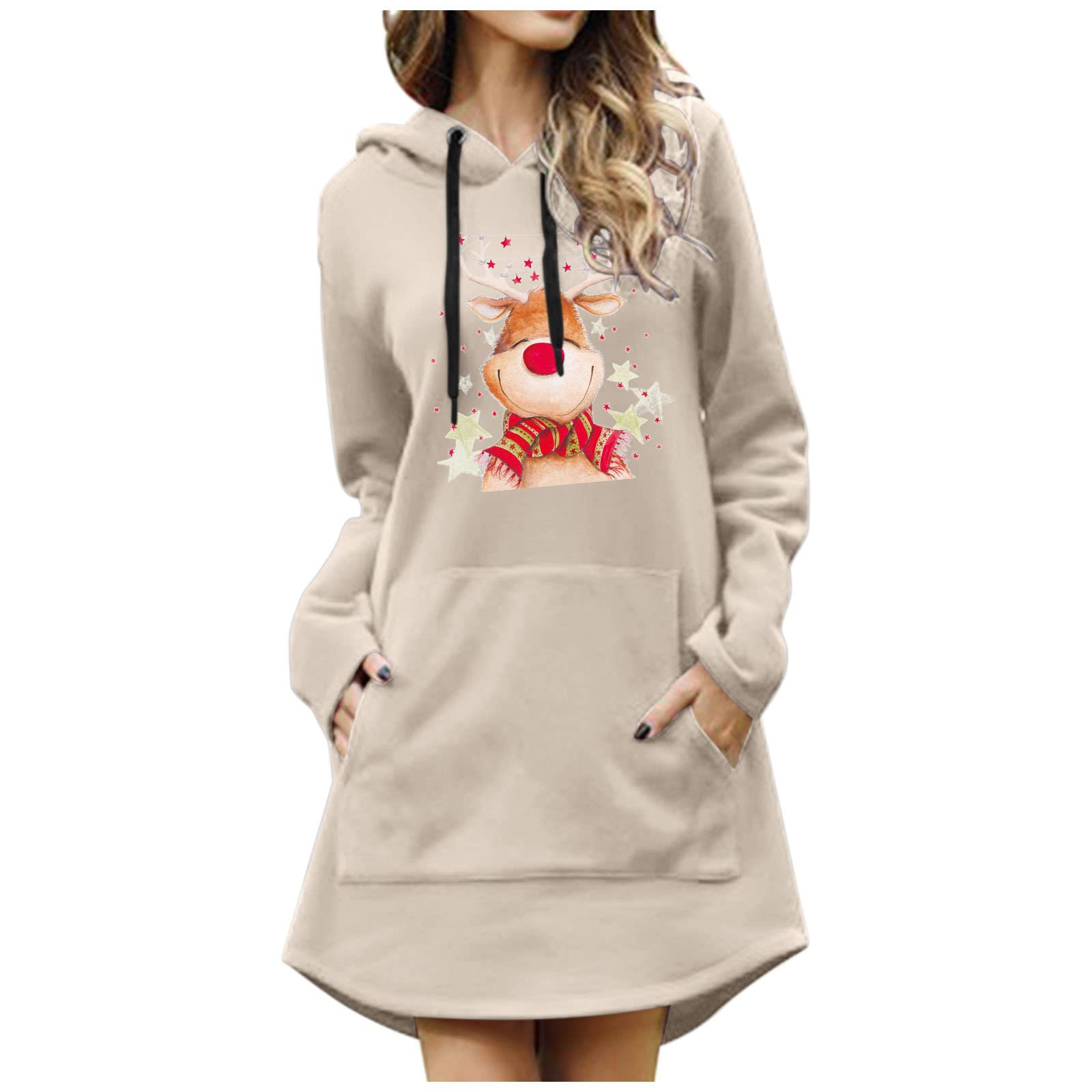 Women's Slim Christmas Hoodie Sweatershirts - Printed Long Sleeve Lightweight Pullover with Drawstring | Cozy Midi Top for Holiday Parties, Winter Outfits & Casual Wear
