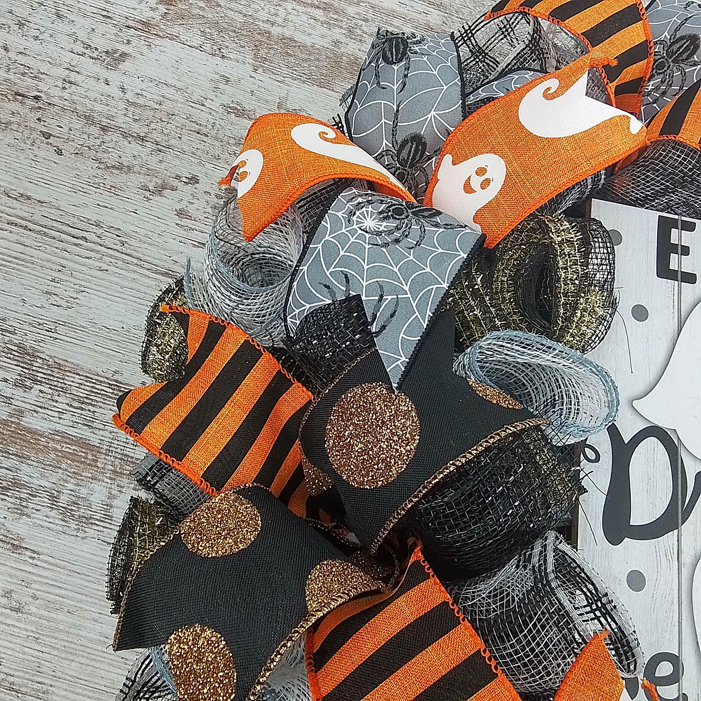 Spooky Halloween Mesh Wreath for Front Door - Black, White, Gold & Orange Ghost Decor | Perfect for Halloween Party Decorations & Haunted House Themes