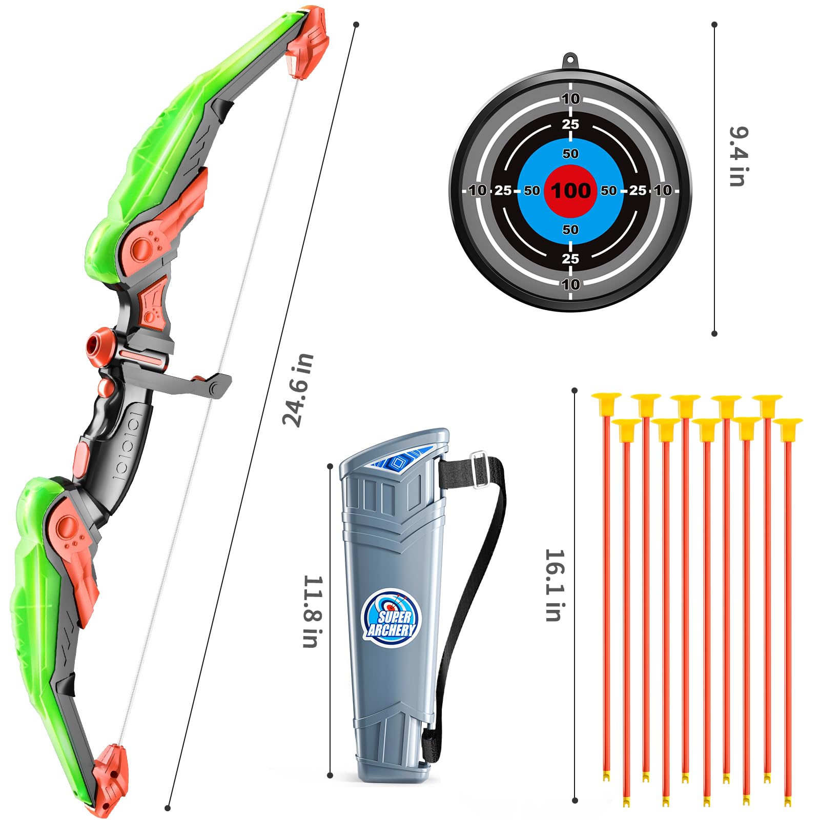 LED Light Up Bow and Arrow Set for Kids - 10 Suction Cup Arrows with Target & Quiver - Safe Archery Toy for Boys & Girls - Indoor Outdoor Play, Birthday Gift, Backyard Games & Camping Activities
