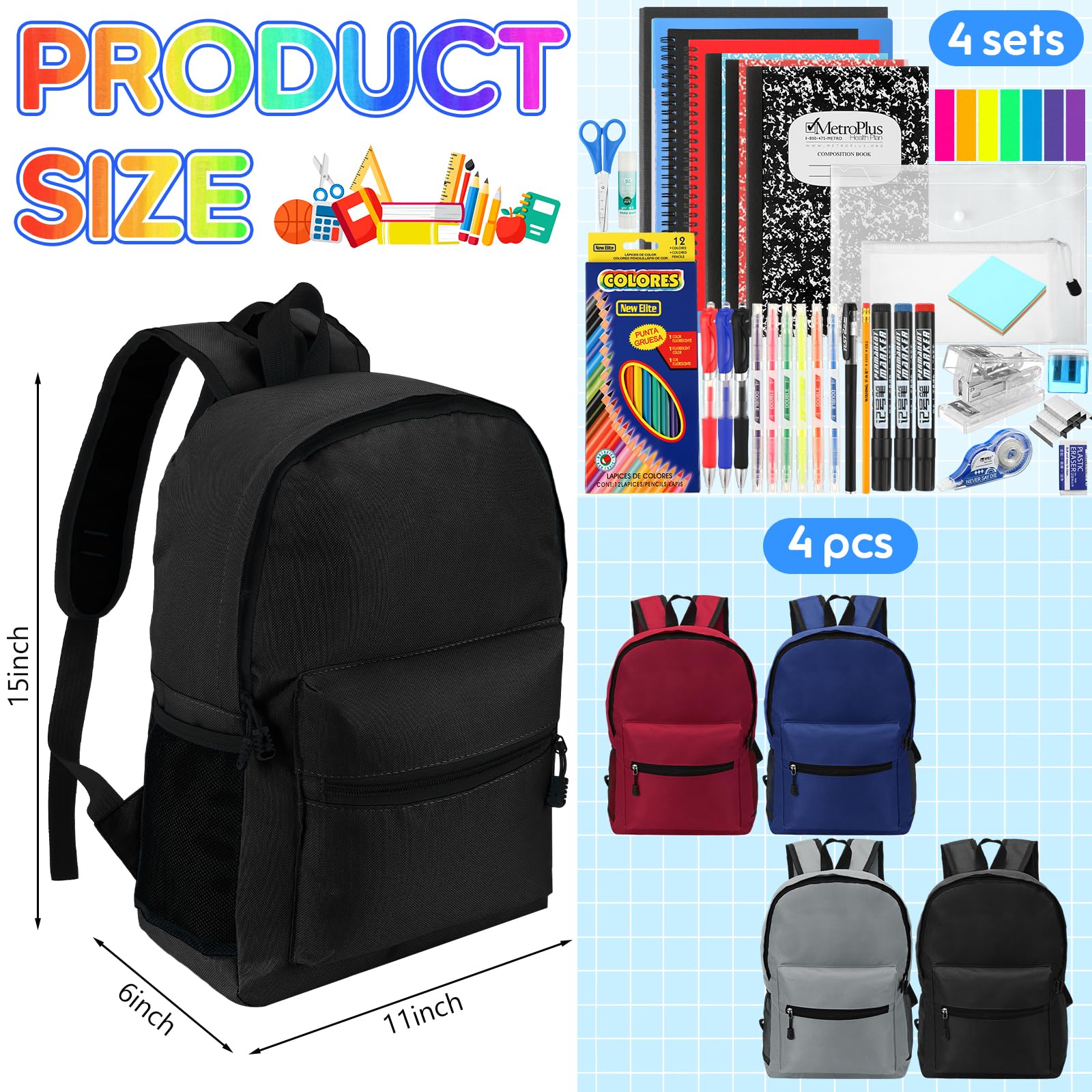 4 Sets Back to School Supplies Kit - 15 Inch Backpack & 66 Pcs Stationery Set for Elementary, Middle & High School Students | Classroom Essentials Bulk Pack | Perfect for School, Study & Homework Organization