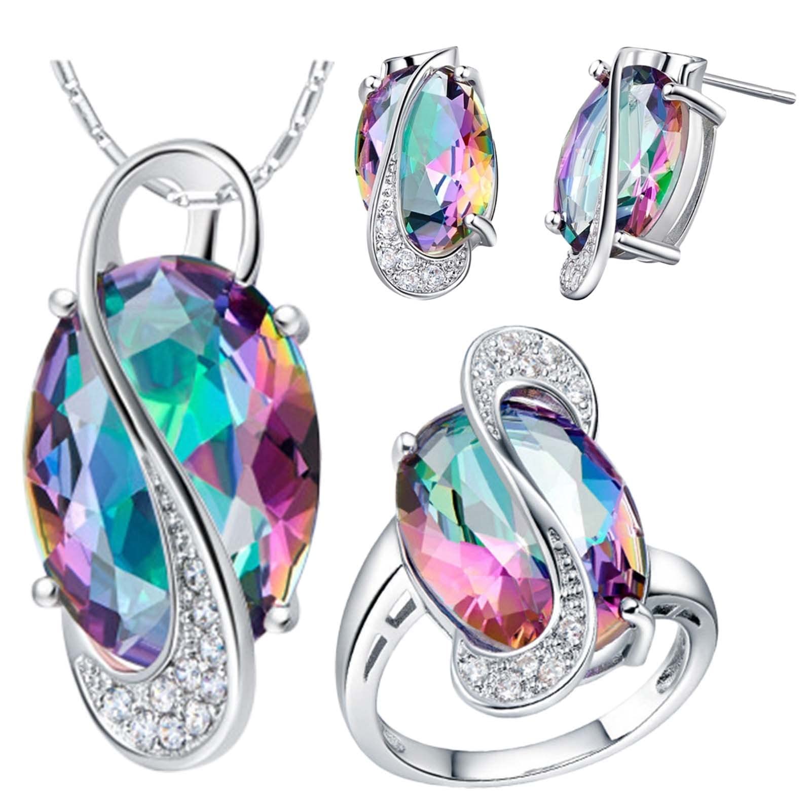 925 Sterling Silver Women's Jewelry Set - Rainbow Zircon Diamond Ring, Earrings & Necklace | Fashion Trendy Ladies Accessories for Party, Wedding & Daily Wear | Multicolor 6-Piece Gift Set