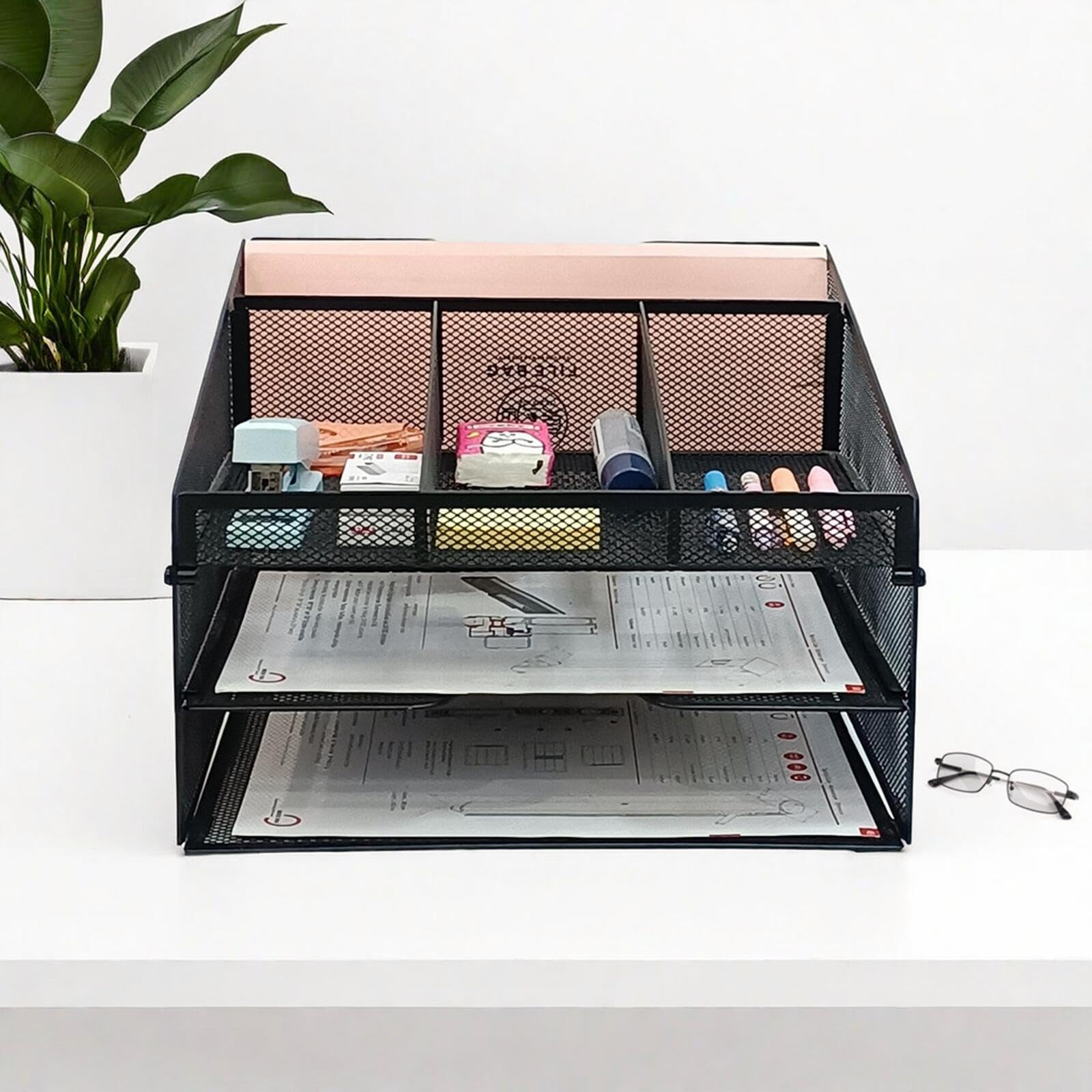 SETTFRFE 2-Tier Mesh Desk Organizer with Pen Holder - Vertical File Organizer for Office, Home & School - Black Metal Paper Tray for Documents, Mail & Stationery Storage