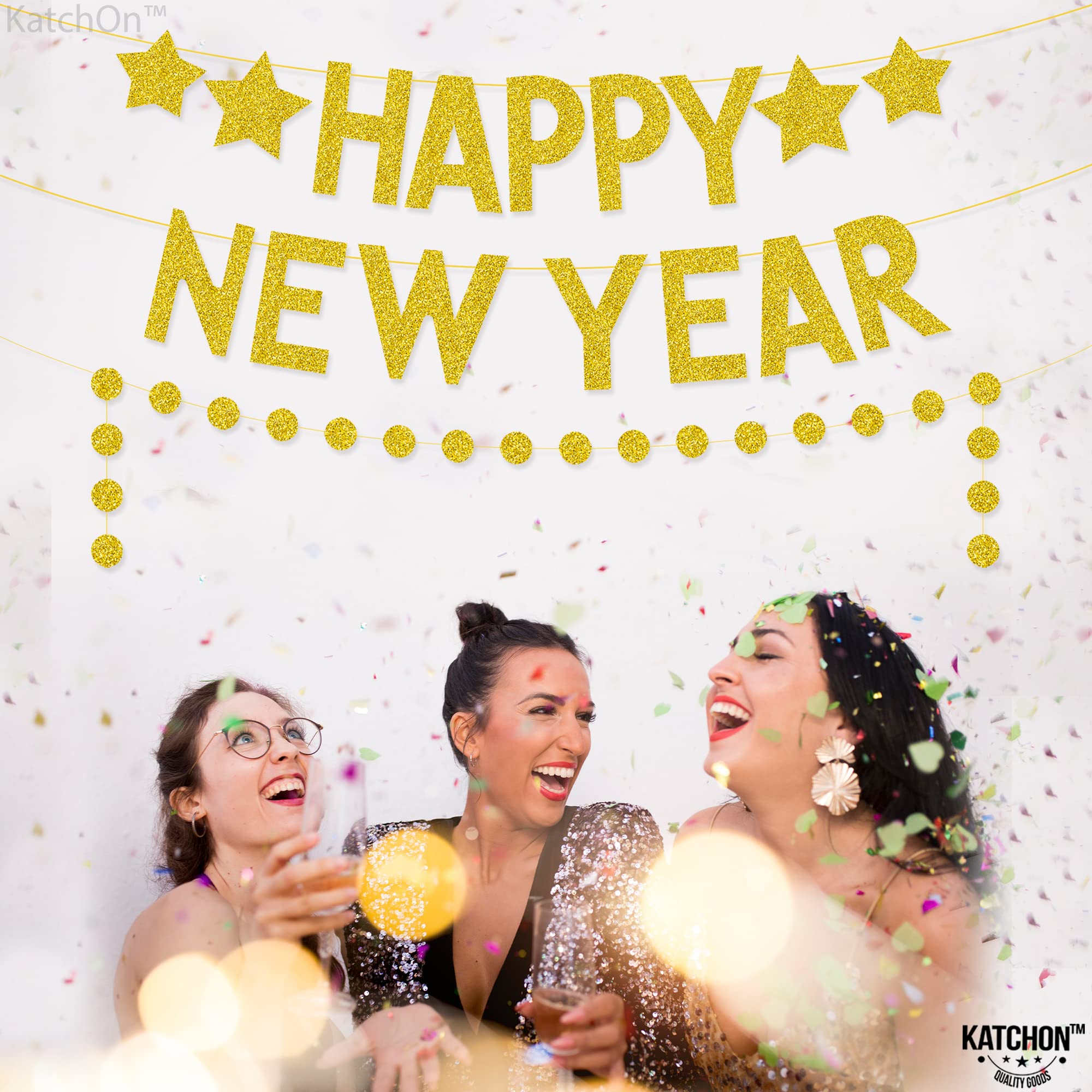 KatchOn Glitter Happy New Year Banner - 10ft Pre-Strung Gold Party Sign for 2025 New Year's Eve Decorations | Ready-to-Hang Celebration Backdrop for Home, Office & Holiday Parties