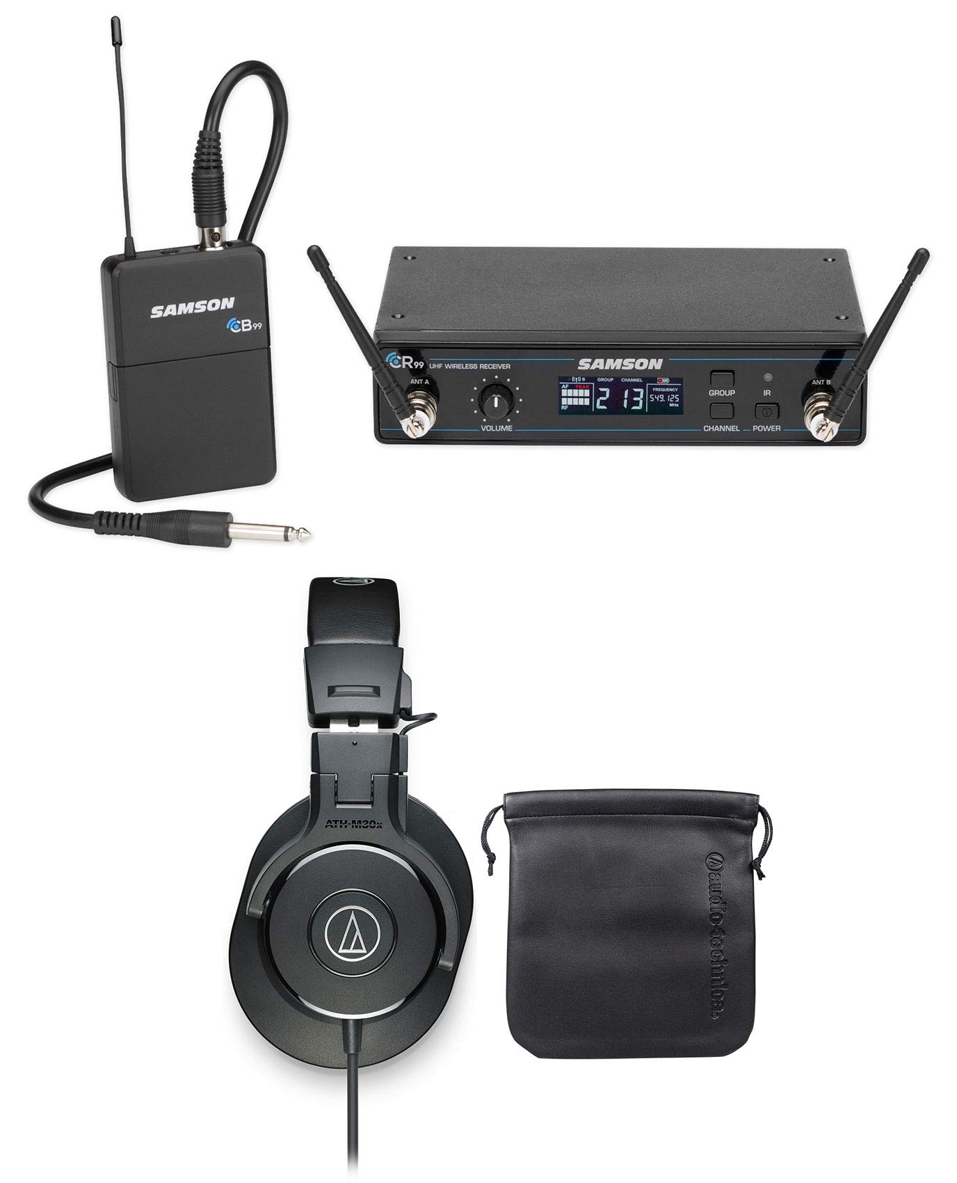 Samson Concert 99 Wireless Guitar Microphone System D-Band Bundle with Audio Technica Headphones - Perfect for Live Performances, Studio Recording & Stage Shows