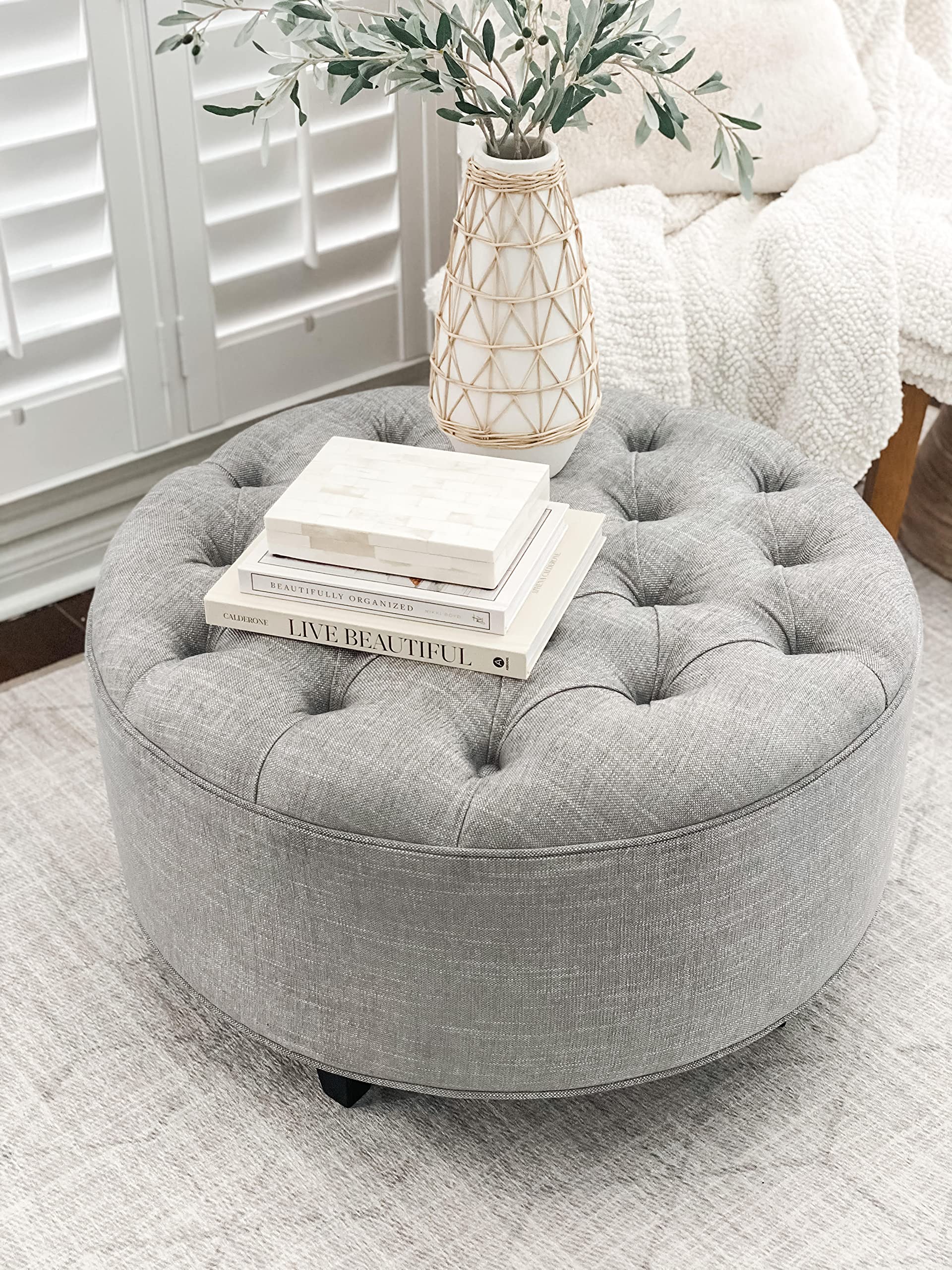 30 Inch Round Tufted Coffee Table Ottoman with Grey Linen Upholstery - Perfect for Living Room, Lounge & Home Decor