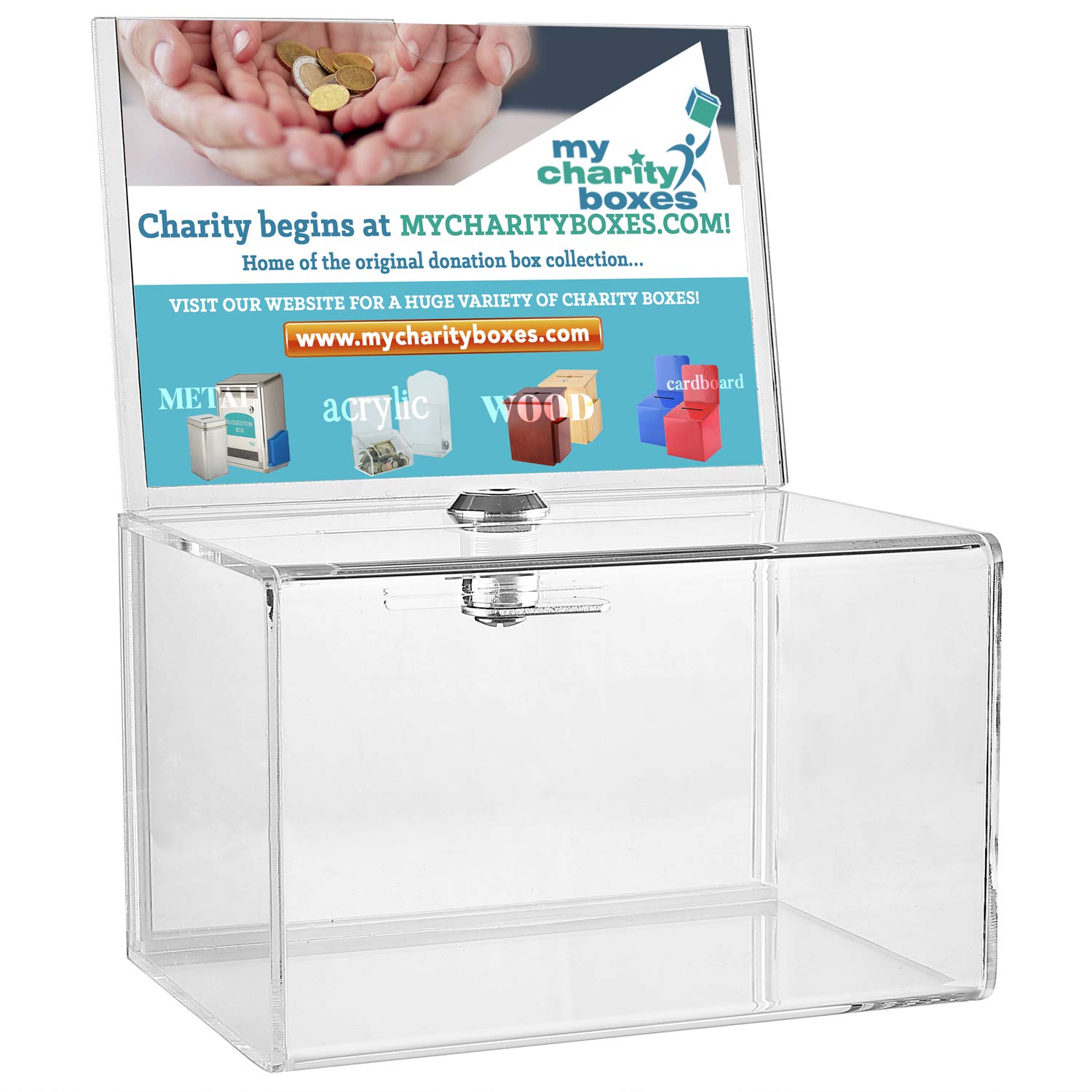 Acrylic Donation Box with Lock - 6.25 x 4.25 inch Secure Voting Ballot Box for Fundraising, Office Suggestions, Prize Drawings & Elections - Includes Display Sign Holder & Keys