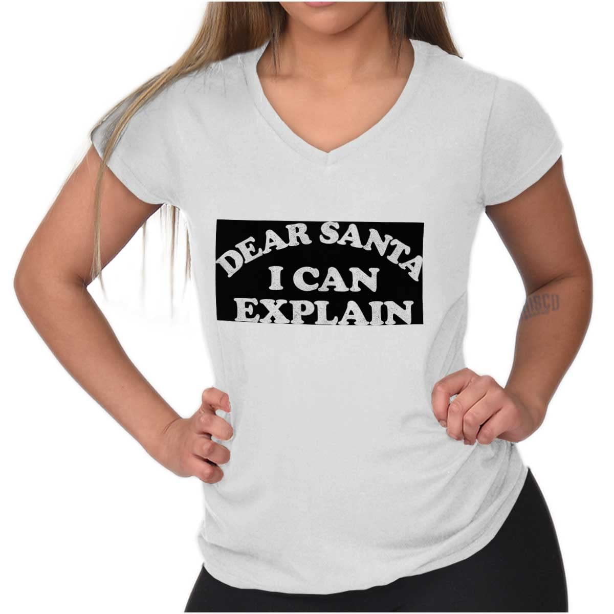 Brisco Brands Women's Petite V-Neck T-Shirt - Funny Christmas 'Dear Santa I Can Explain' Saying - Casual Holiday Party Outfit for Xmas Gatherings & Ugly Sweater Events