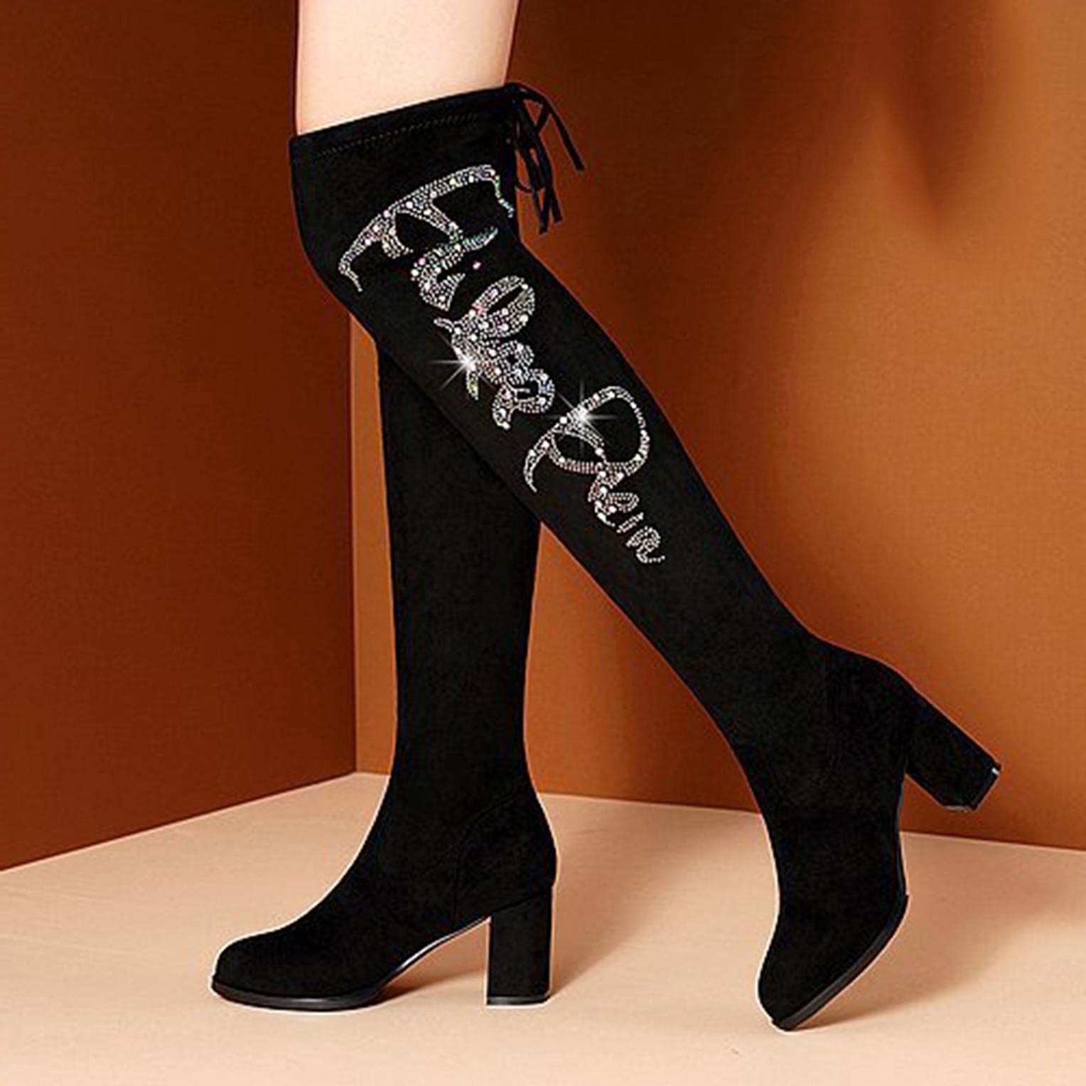Hbeylia Women's Sexy Rhinestone Glitter Suede Over The Knee Boots - Chunky High Heel Lace Up Thigh High Boots for Fall Winter, Casual, Dress, Wedding & Halloween Outfits | Perfect for Party, Date Night & Holiday Events