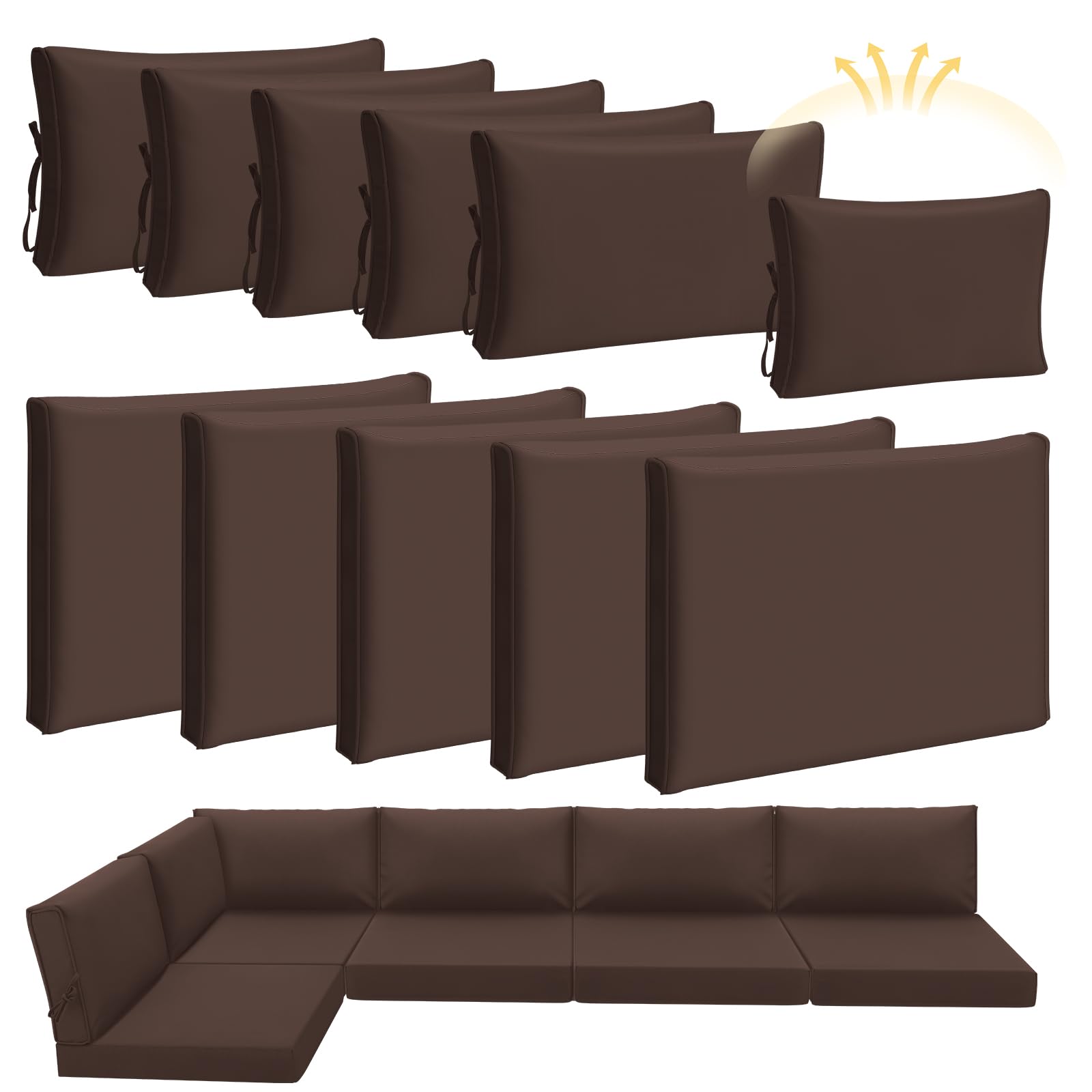 Patelai 11-Piece Outdoor Patio Cushion Slipcovers Set - Waterproof Replacement Covers for Sectional Sofa, Furniture & Couch (3 Sizes, Brown) - Perfect for Backyard, Deck, Poolside & Garden Relaxation