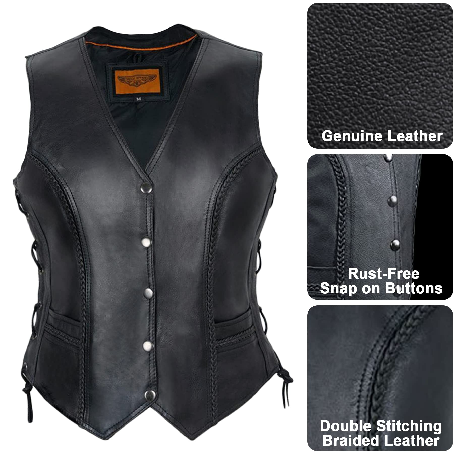 Dream Apparel Women's Black Leather Motorcycle Vest with Concealed Carry Pockets & Side Laces - Biker Jacket for Riding, Motorcycle Club, Harley Davidson & Outdoor Adventures