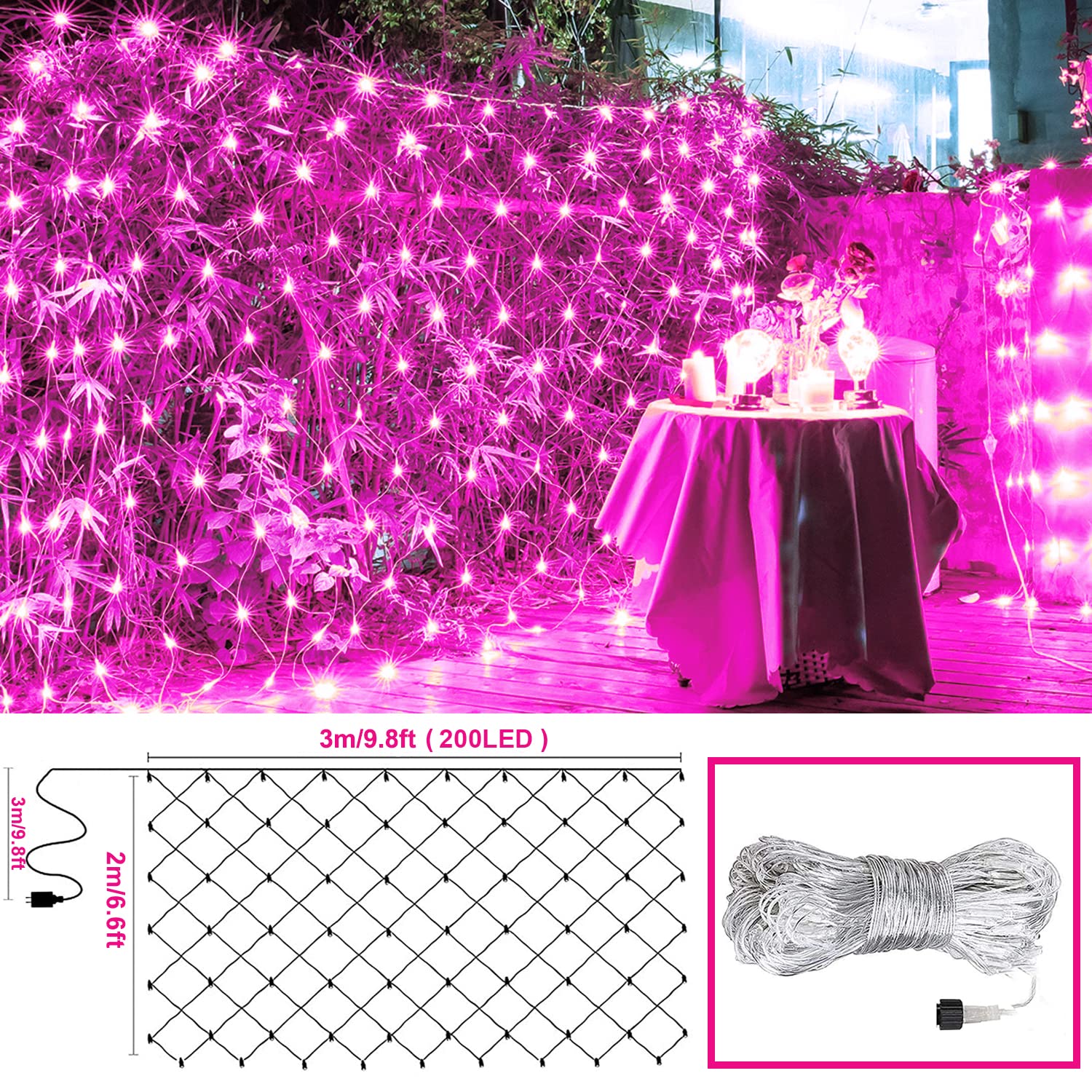 JMEXSUSS 200 LED Pink Net Lights Outdoor - 8 Modes Waterproof Mesh String Lights for Bushes, Wedding, Christmas Decor (9.8ft x 6.6ft) - Perfect for Garden, Patio, Ceiling & Holiday Lighting