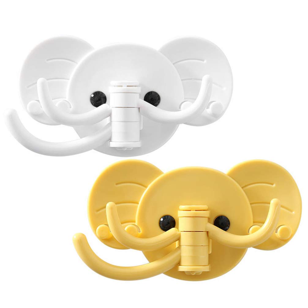 2-Pack Cabilock Swivel Hook Towel & Coat Hanger - Self Adhesive Rotating Wall Hook with 3 Swing Arms, Elephant Design for Kitchen, Bathroom, Bedroom - Perfect for Hanging Towels, Robes, Clothes & Accessories (White + Yellow)