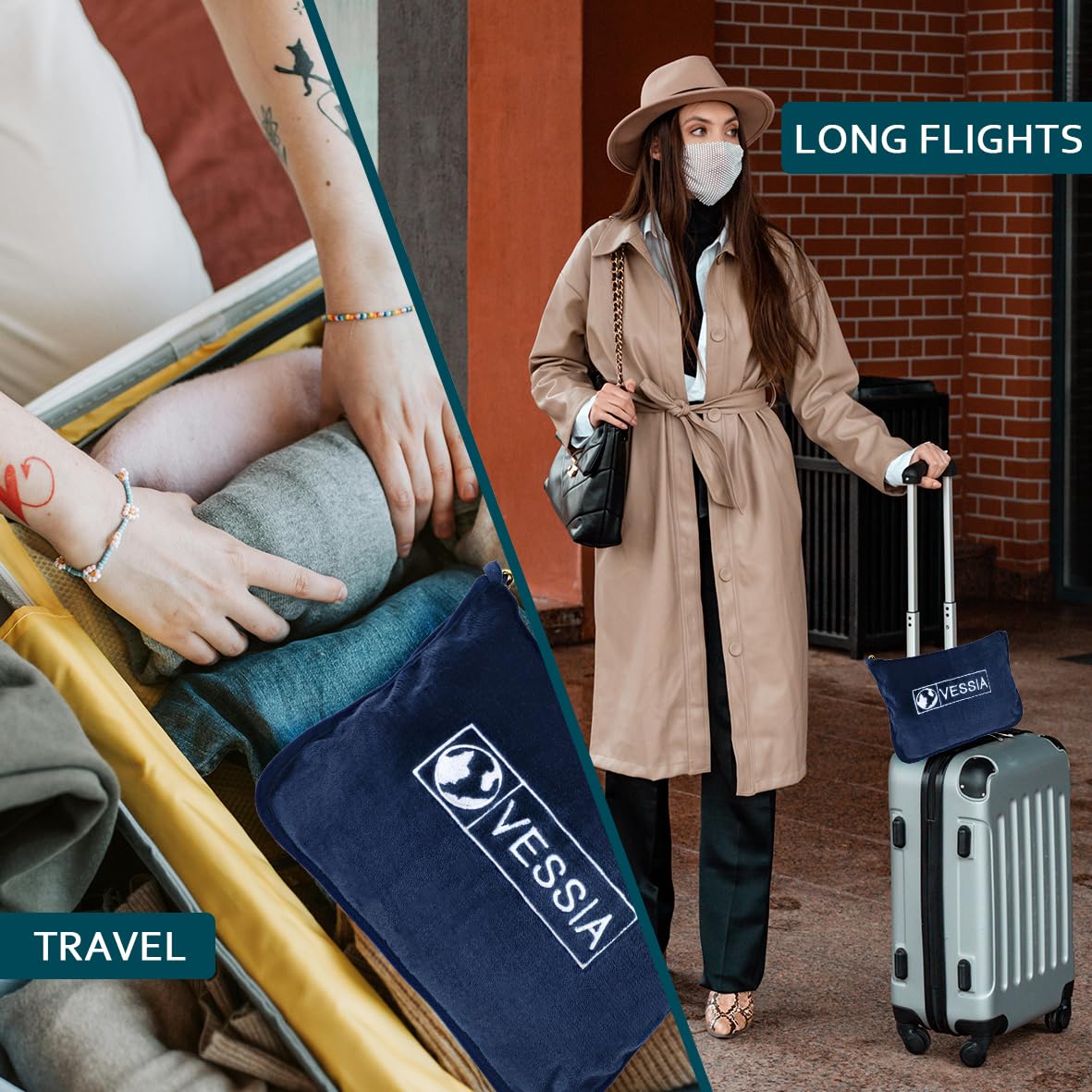 Vessia Travel Blanket - Soft & Warm Airplane Blanket for Adults & Kids | Compact Portable Flight Blanket with Storage Bag, Luggage Sleeve & Backpack Clip | Perfect for Air Travel, Road Trips & Camping (Navy Blue)