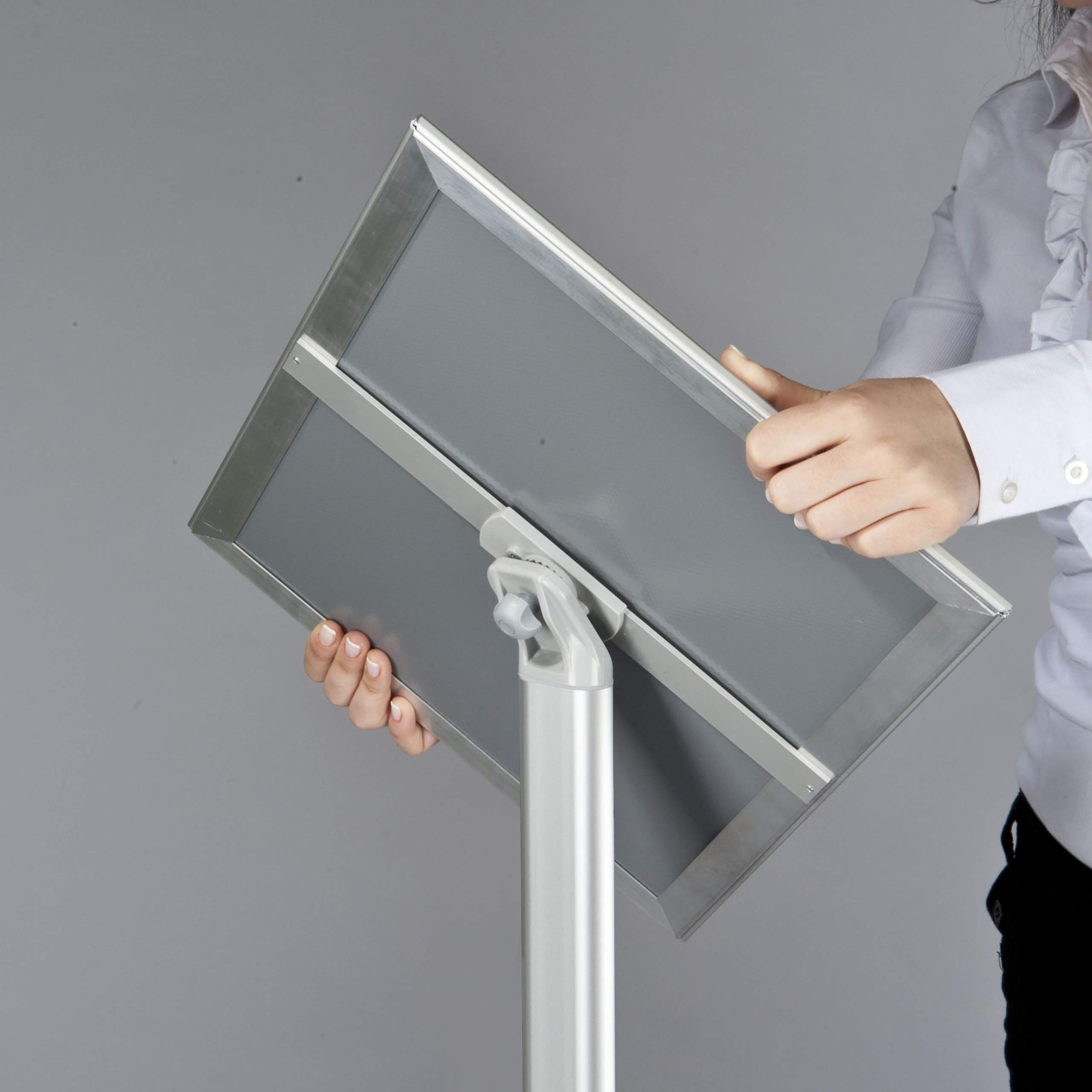 8.5x11 Inch Silver Aluminum Floor Standing Sign Holder - Front Loading Brochure & Poster Display for Retail, Restaurants & Events | M&T Displays Decorative Pedestal with Easy Open Design