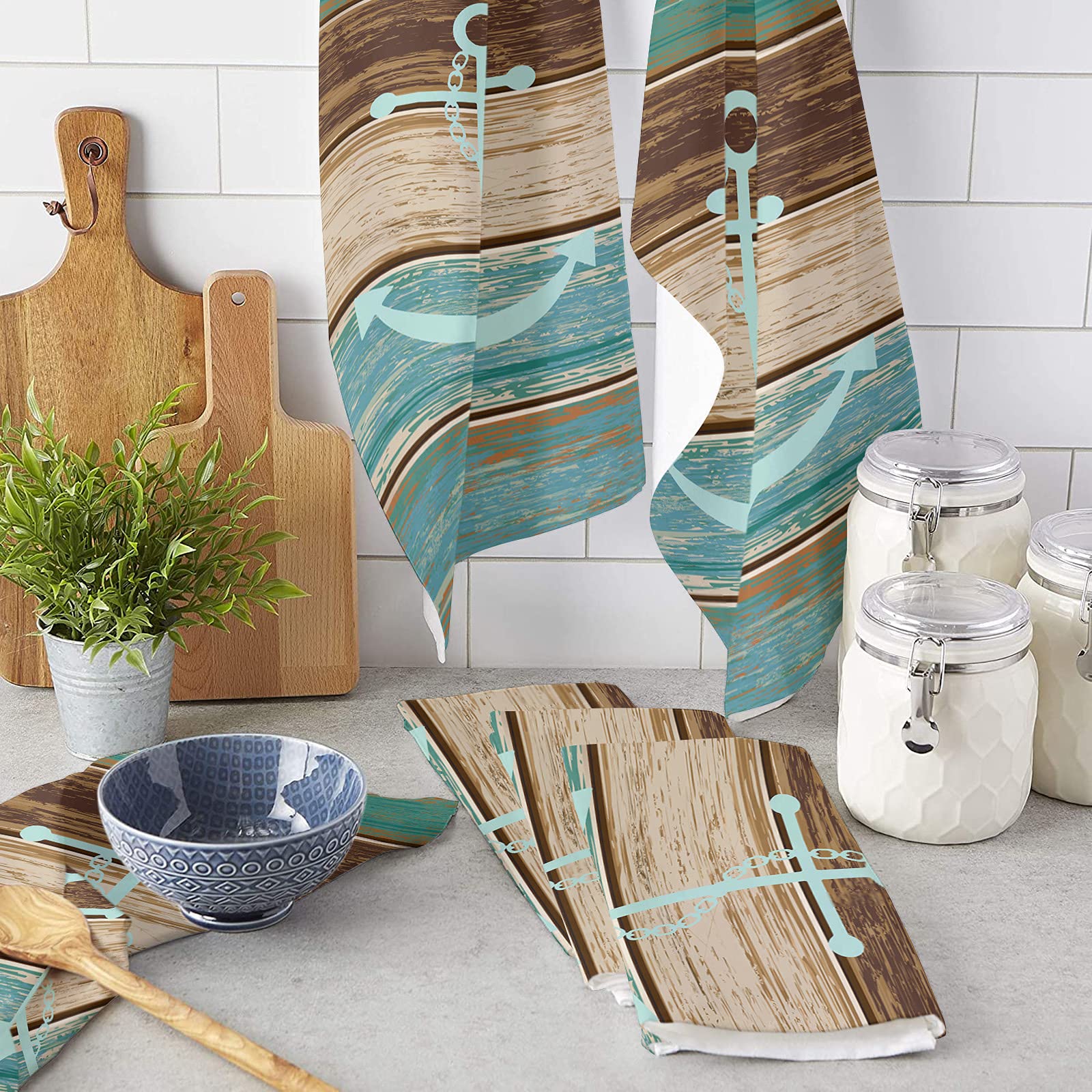 **Turquoise & Brown Anchor Print Kitchen Dish Towels Set of 2 – Soft, Lightweight, Absorbent Microfiber Hand Towels for Kitchen & Bathroom (18x28 Inches) – Perfect for Drying Dishes, Cleaning Countertops, and Adding Coastal Decor**