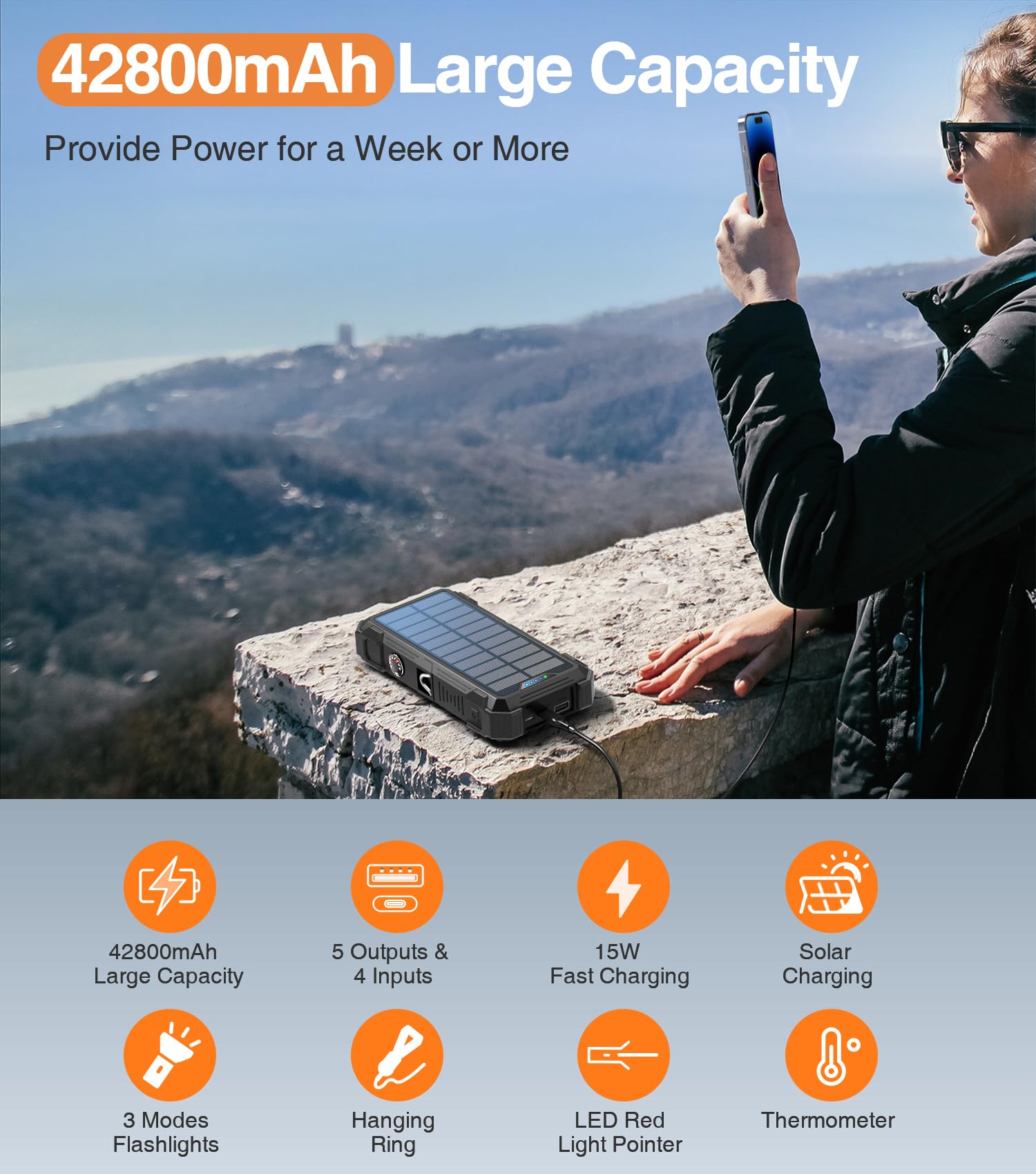 GOODaaa 42800mAh Solar Power Bank with 5 Solar Panels & Wireless Charging | Portable Solar Charger for Camping, Hiking, Emergency Power Outages
