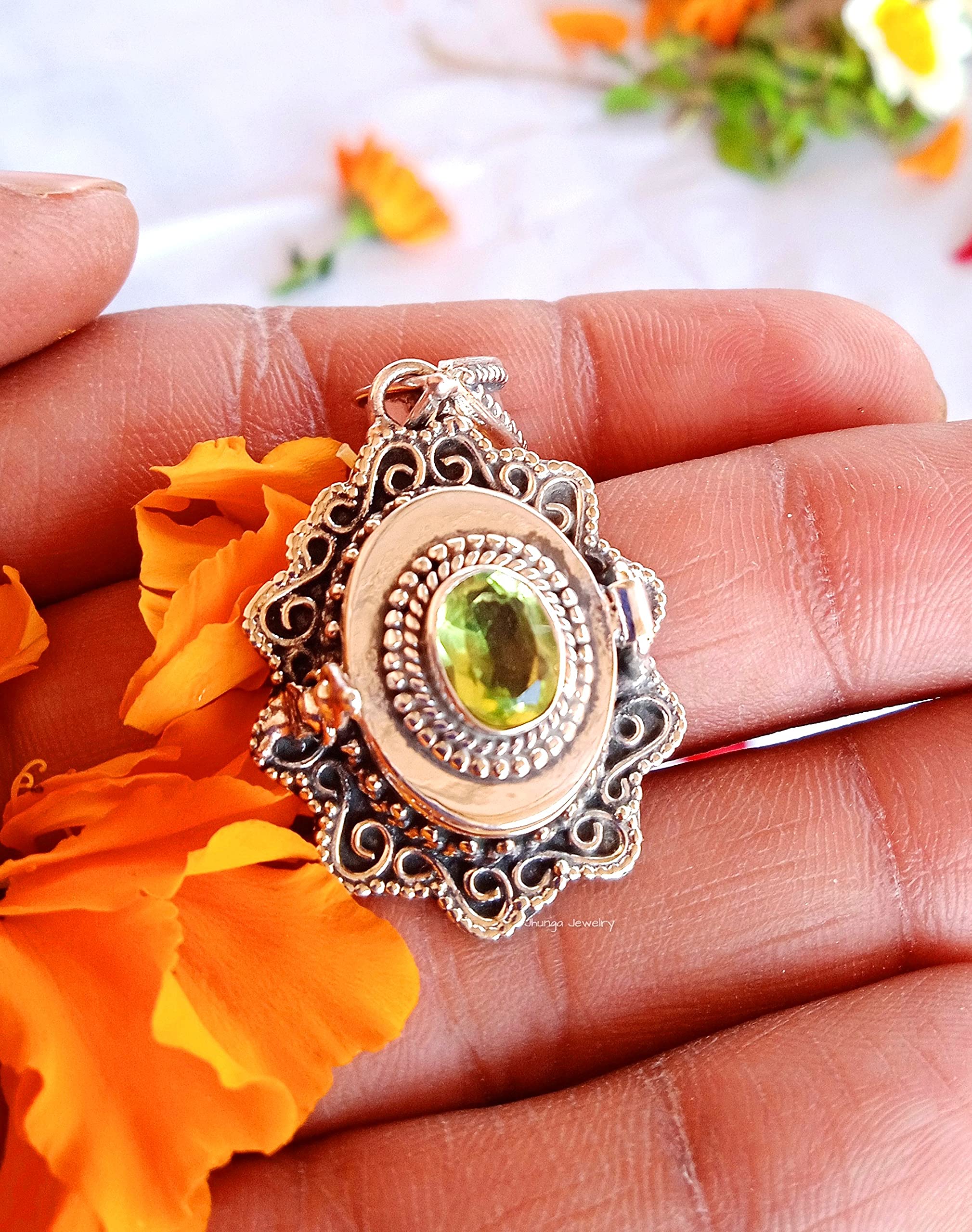Peridot Pendant Necklace - Sterling Silver Openable Locket Jewelry - Handmade Vintage Boho Style Prayer Pendant - Perfect for Spiritual Gifts, Meditation & Boho Fashion Accessories