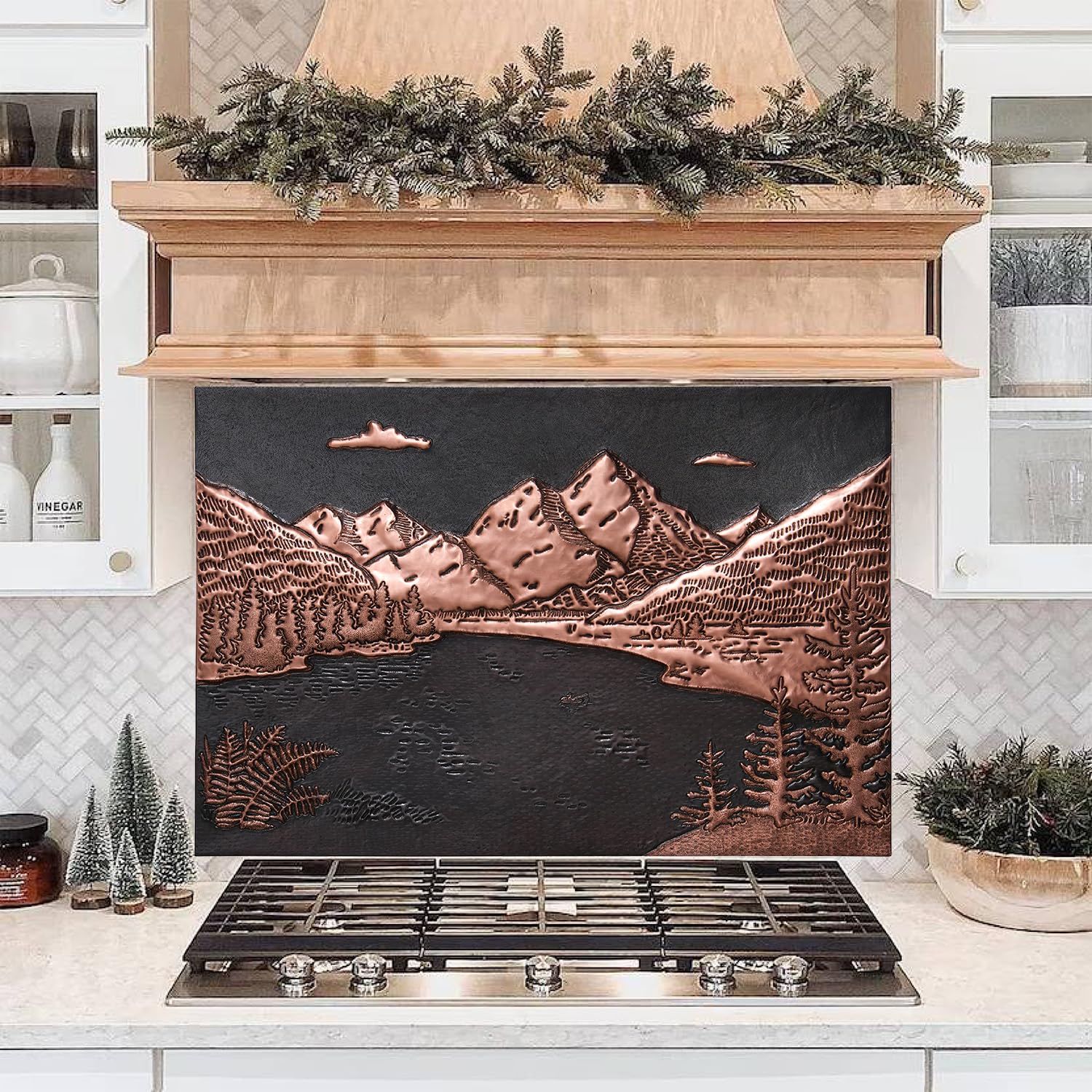 Rocky Mountains & Lake Landscape Custom Copper Kitchen Backsplash Panel - Handmade Indoor Outdoor Wall Decor for Modern Homes (Black) | Perfect for Kitchen Renovation, Restaurant Decor & Rustic Interior Design