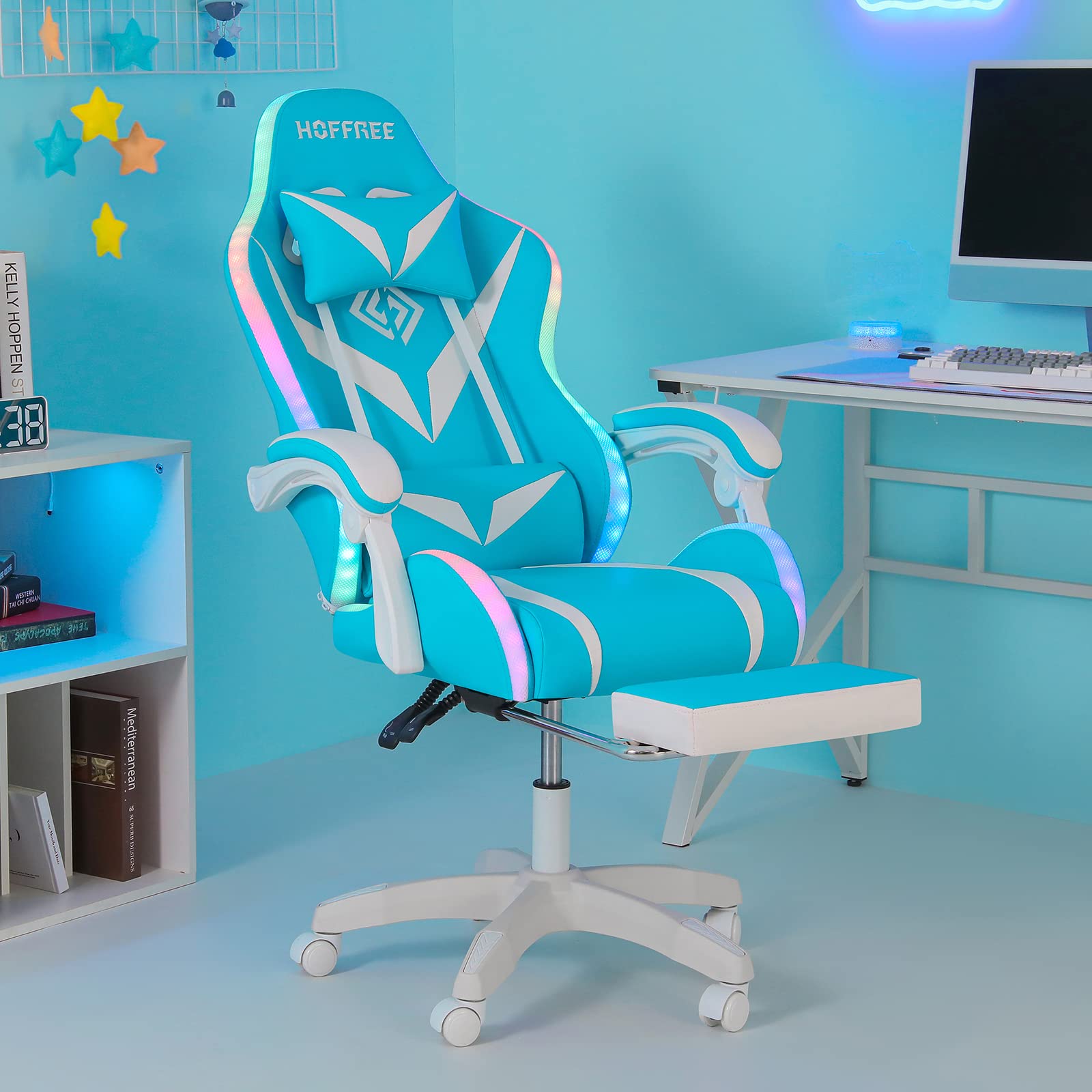 Ergonomic Gaming Chair with LED RGB Lights, Massage & Adjustable Lumbar Support - High Back Computer Chair with Footrest & Linkage Armrest - Light Blue & White for Esports, Streaming & Home Office Use