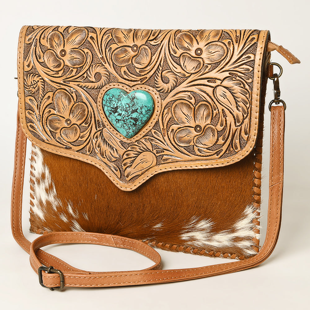 Genuine Leather Women's Western Handbag - American Darling Hand-Tooled Hair-On Cowhide Purse for Casual & Evening Use