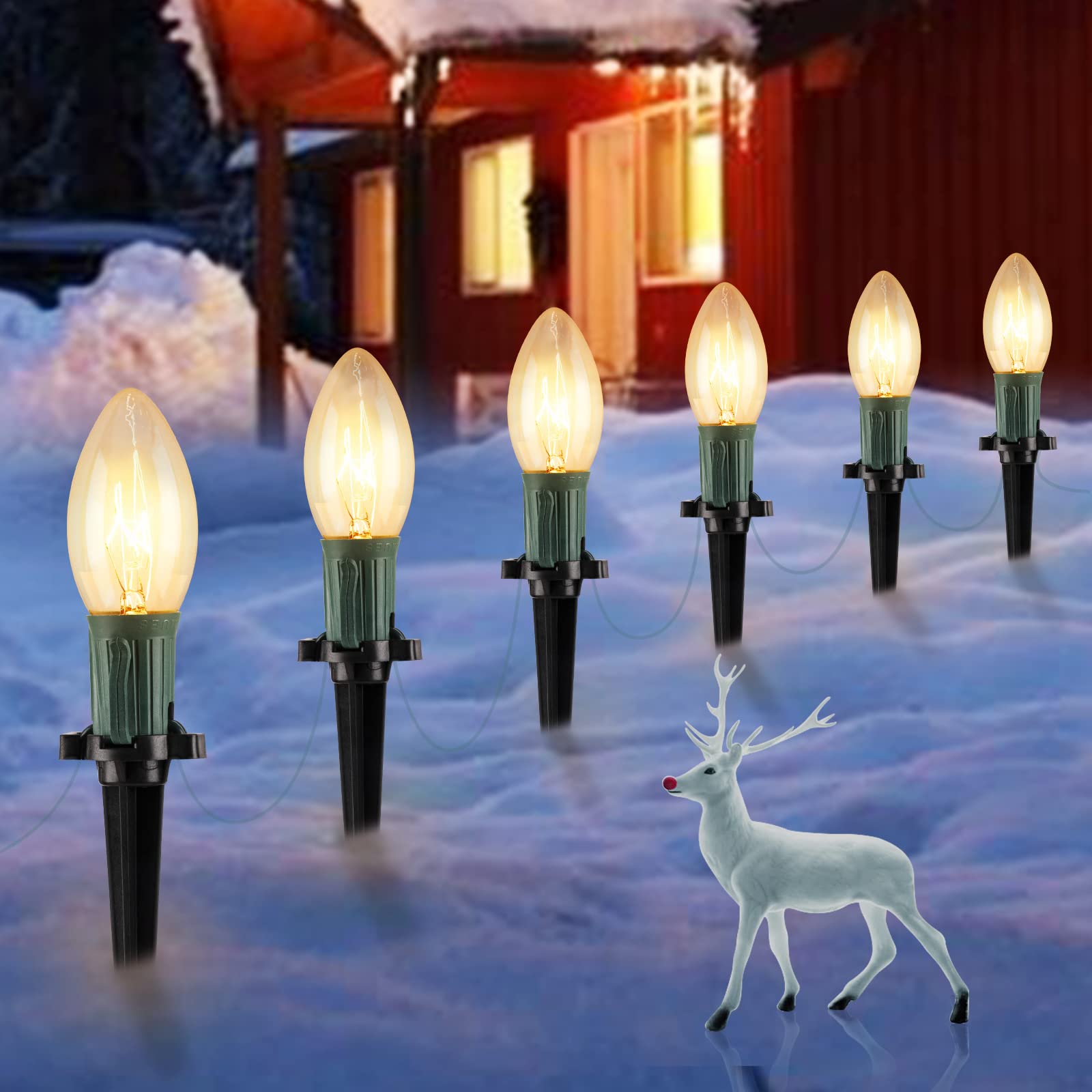 25.7ft C9 Christmas Pathway String Lights - 20 Clear Warm White LED Outdoor Lights with 20 Stakes, Waterproof & Connectable for Holiday Decorations, Xmas Party, Garden, Patio, Walkway & Commercial Displays