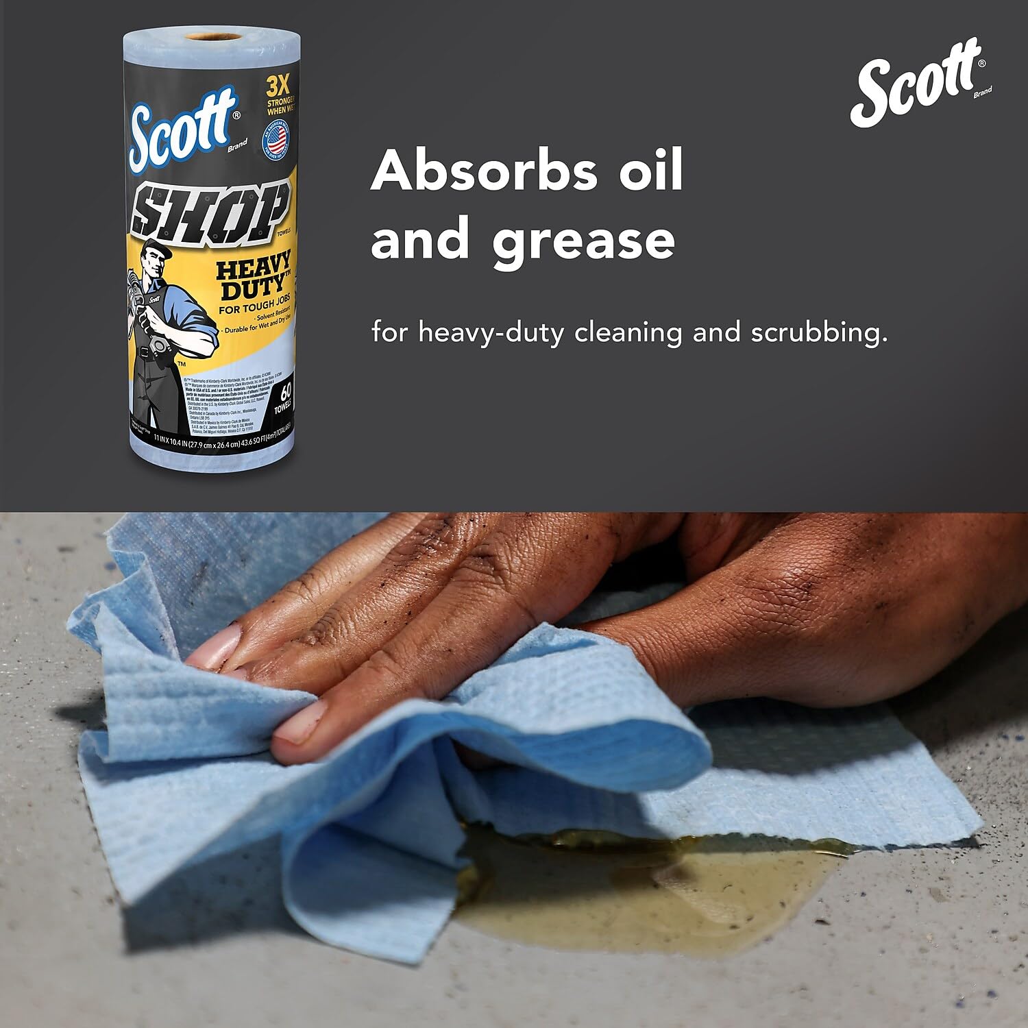 Scott® Heavy Duty Shop Towels (32992) - Industrial Grade Blue Cleaning Rags for Solvents, Oil, Grease & Tough Jobs - 10.4