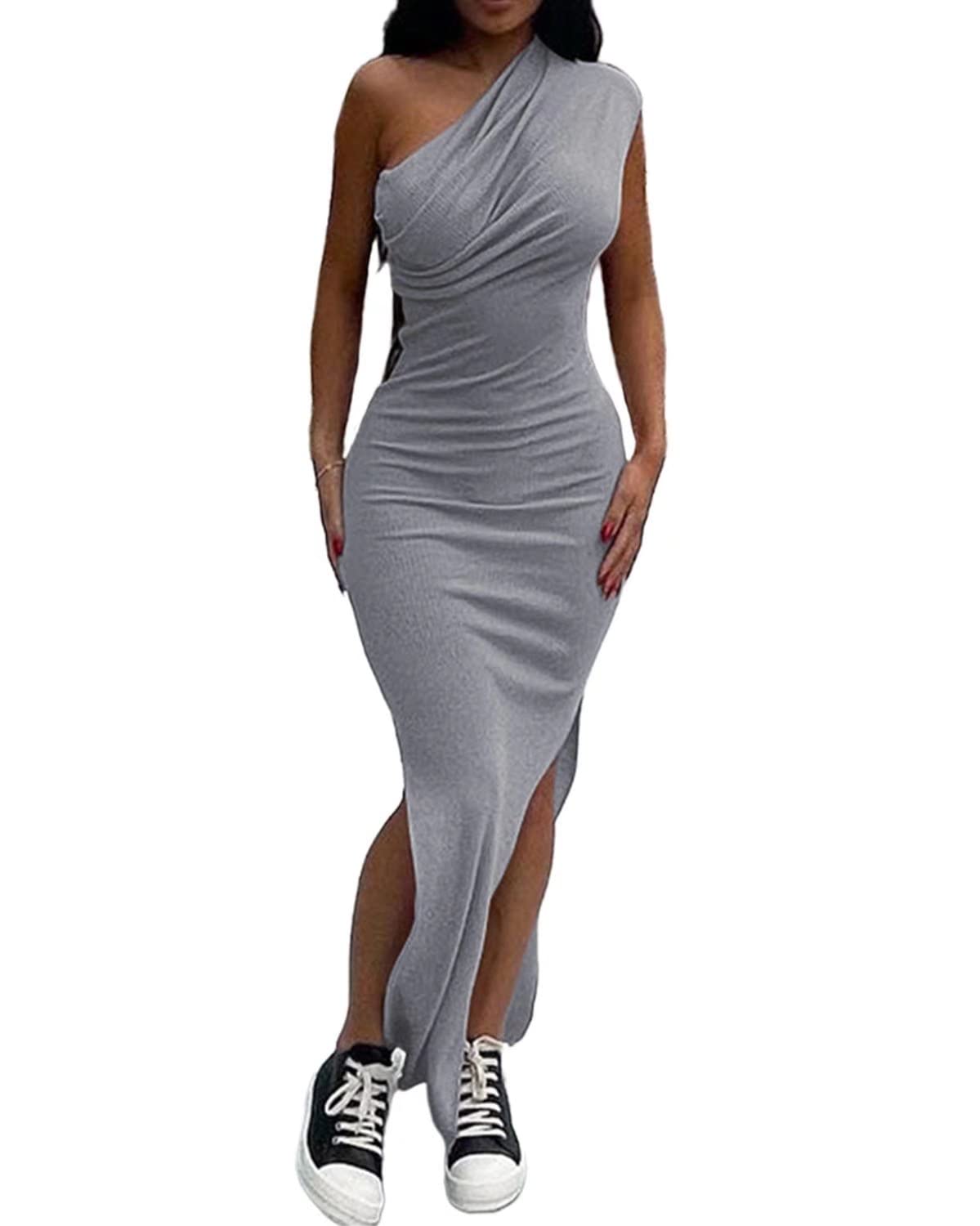Elegant One Shoulder Sleeveless Ruched Bodycon Maxi Dress for Women - High Slit, Stretchy & Flattering - Perfect for Evening Parties, Date Nights & Special Occasions