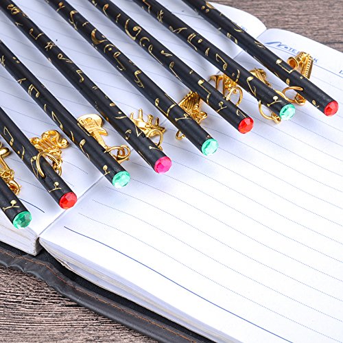 8-Pack Pre-Sharpened Artist Pencils with Music Note Design - Charcoal Drawing Pencils Featuring Diamond Top & Gold Plated Musical Instrument Pendant - Perfect for Sketching, Music Lovers, and Gift Giving