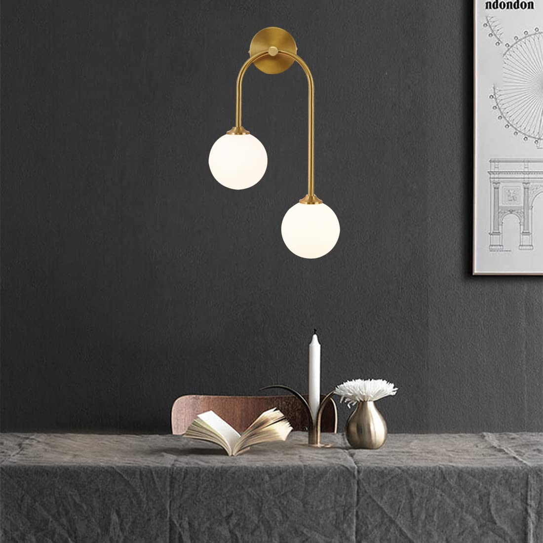 Modern Gold Glass Globe Wall Sconce - 2-Light Brushed Brass Vanity Light with Glass Shade for Bathroom, Bedroom, Living Room & Hallway - Elegant Wall Mount Lighting for Home Decor & Ambient Lighting