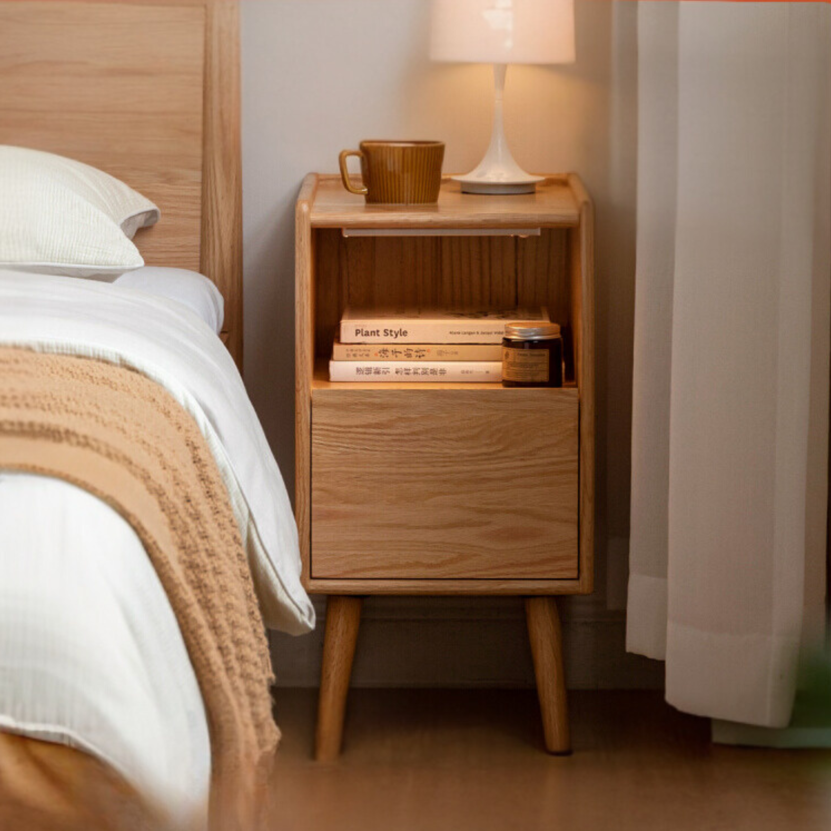 Solid Wood Ultra Narrow Nightstand - Oak, Rubber, Cherry - Perfect for Small Bedrooms, Apartments & Tight Spaces